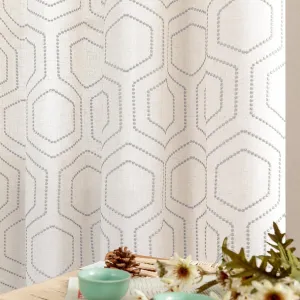 jinchan Grey Boho Window Curtains Linen Textured Light Filtering Curtains Honeycomb Embroidered Design Living Room Drapes Bedroom Bronze Grommet Window Treatments Set 2 Panels 96 Inches Long