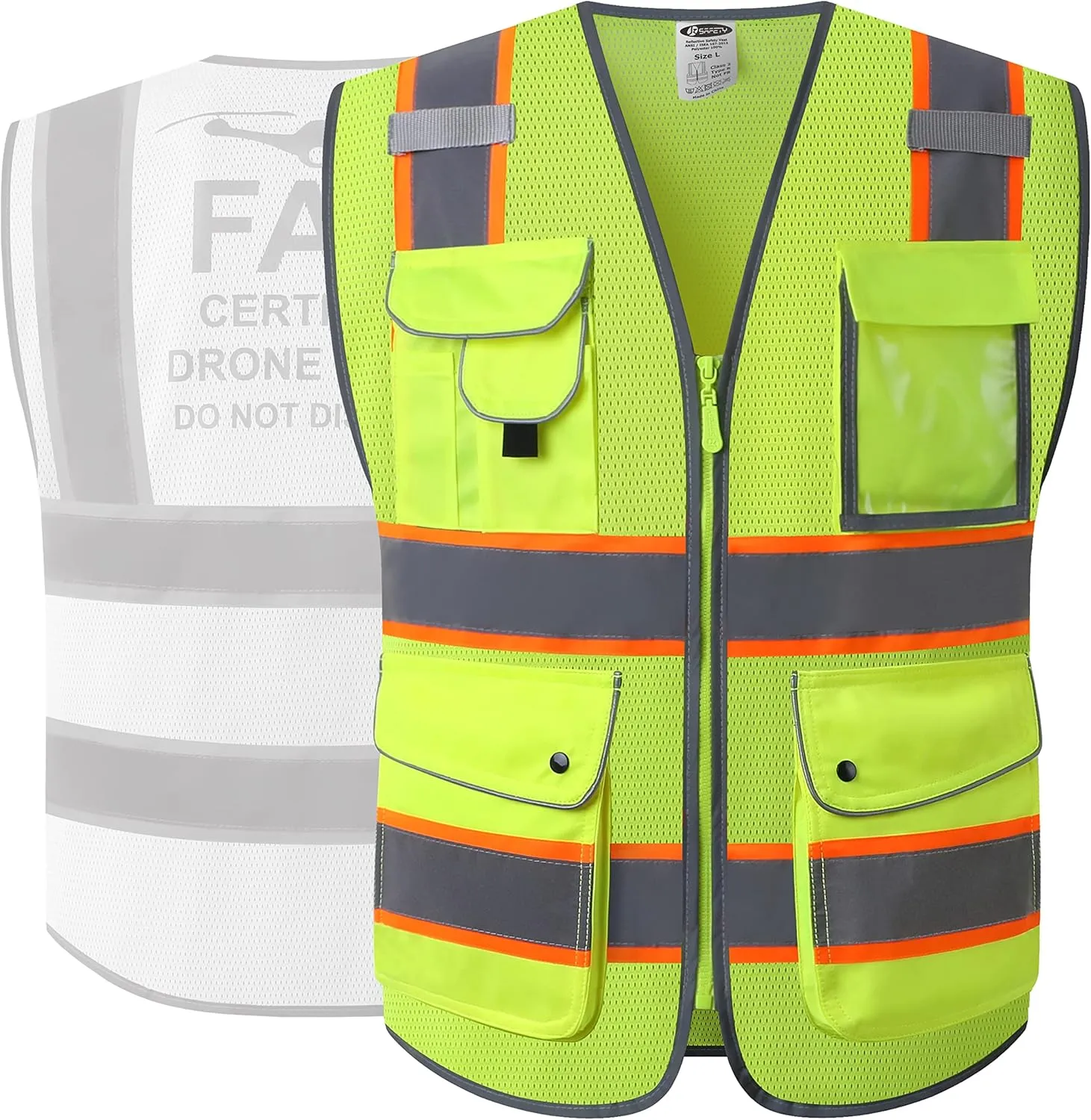 JKSafety 9 Pockets FAA Licenced Drone Pilot Hi-Vis Retro-Reflective Safety Vest | HQ Mesh Lite Neon Yellow Body Color Orange Trimming | ANSI/ISEA Compliance (JK100-FAA-Yellow-L)