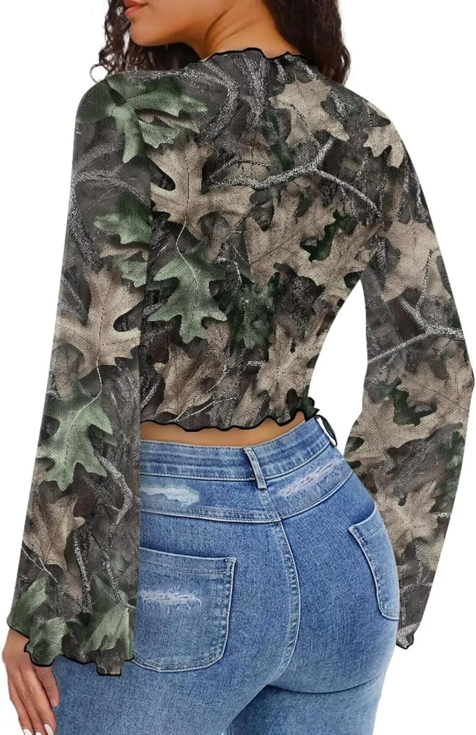 Jndtueit 70s Womens Bell Sleeve Top Floral Tops for Women Mock Neck Flare Tops Sheer Mesh Long Sleeve Top Ruffle Shirts