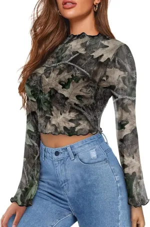 Jndtueit 70s Womens Bell Sleeve Top Floral Tops for Women Mock Neck Flare Tops Sheer Mesh Long Sleeve Top Ruffle Shirts