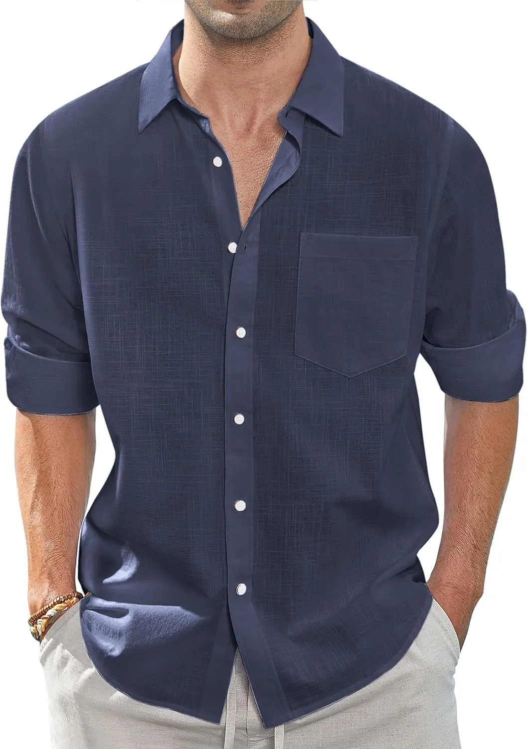 J.VER Men's Linen Shirts Casual Button Down Long Sleeve Shirt Solid Spread Collar Summer Beach Shirts with Pocket