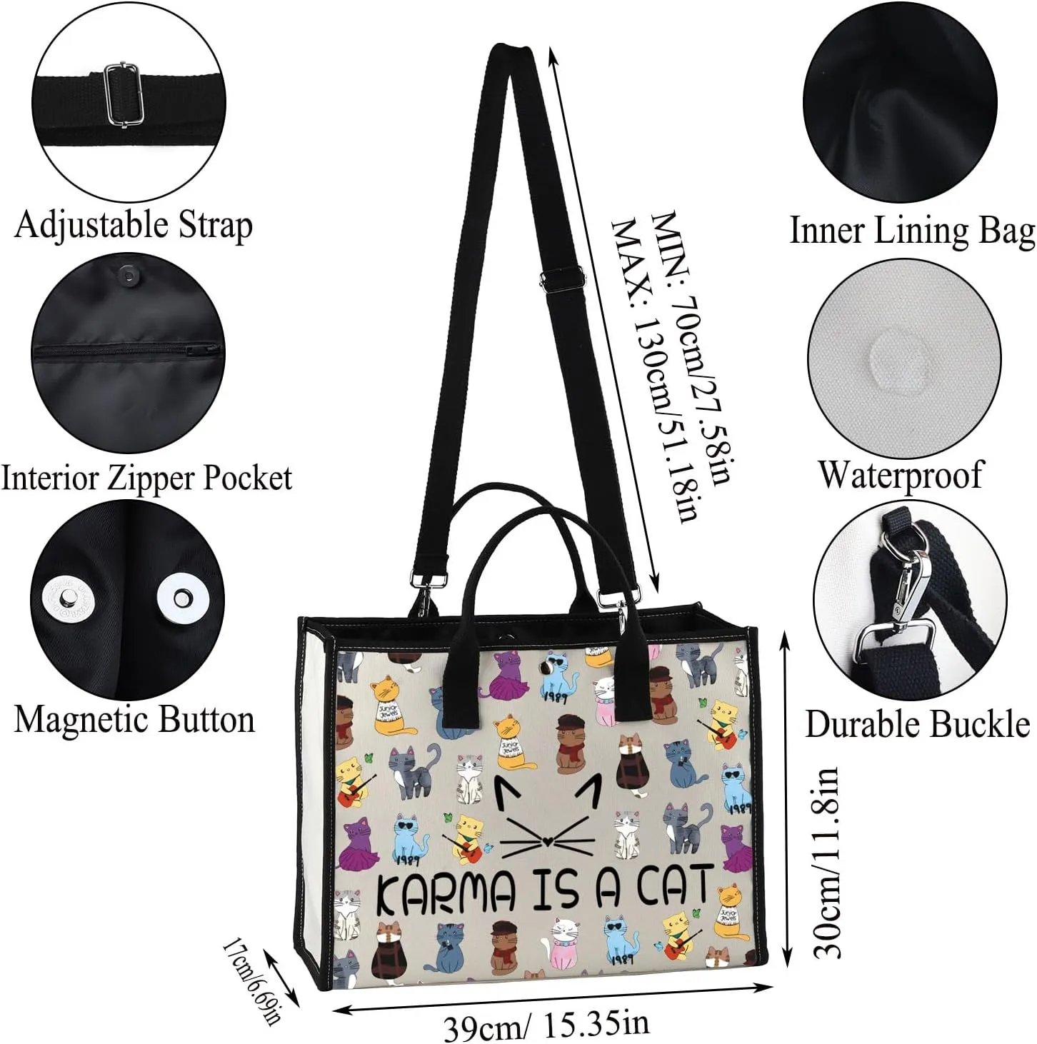JXGZSO Karma Is A Cat Tote Bag Music Albums As Cat Gift For Fans