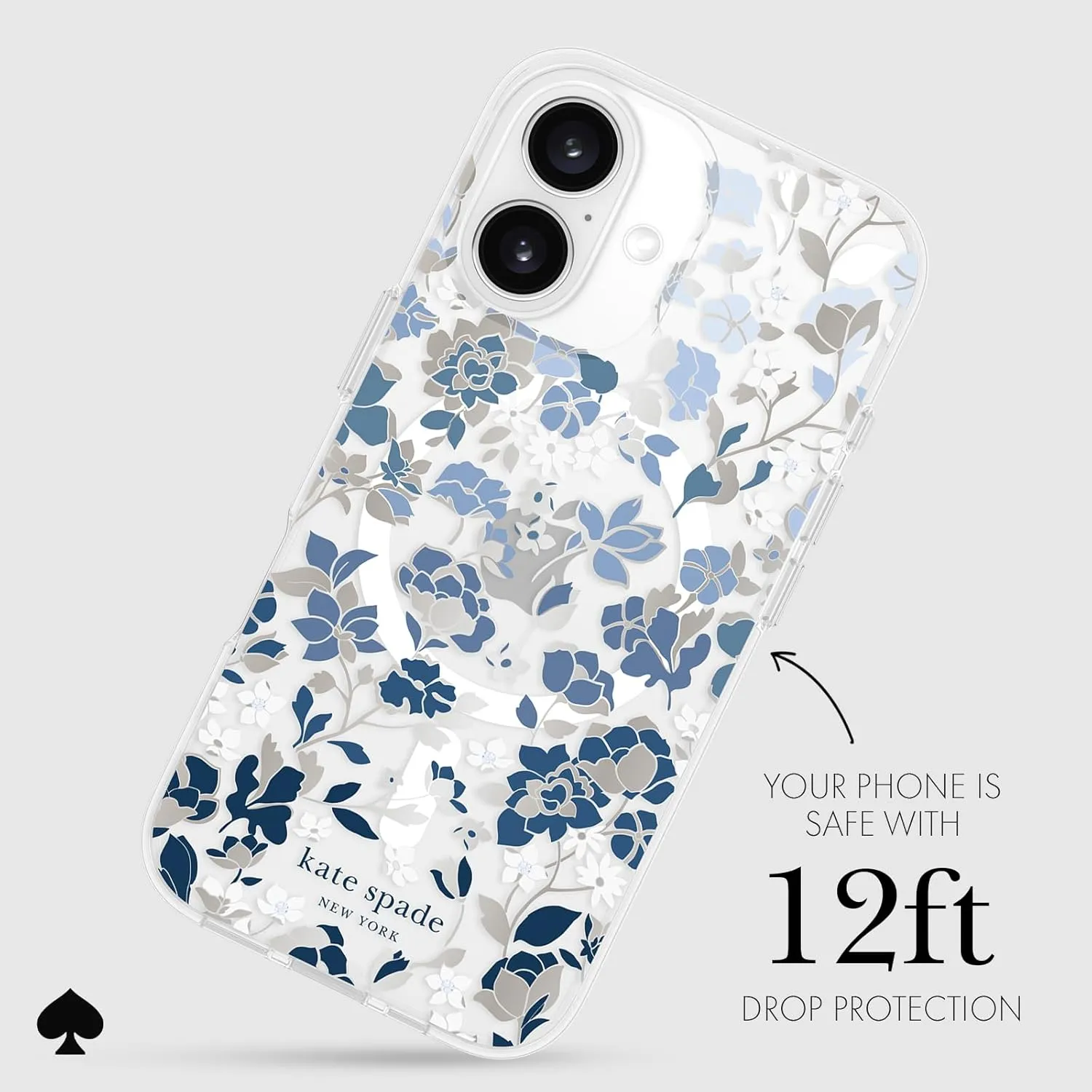 kate spade new york iPhone 16 Case - Compatible with MagSafe - Designer Phone Case - Flowerbed Blue Gems