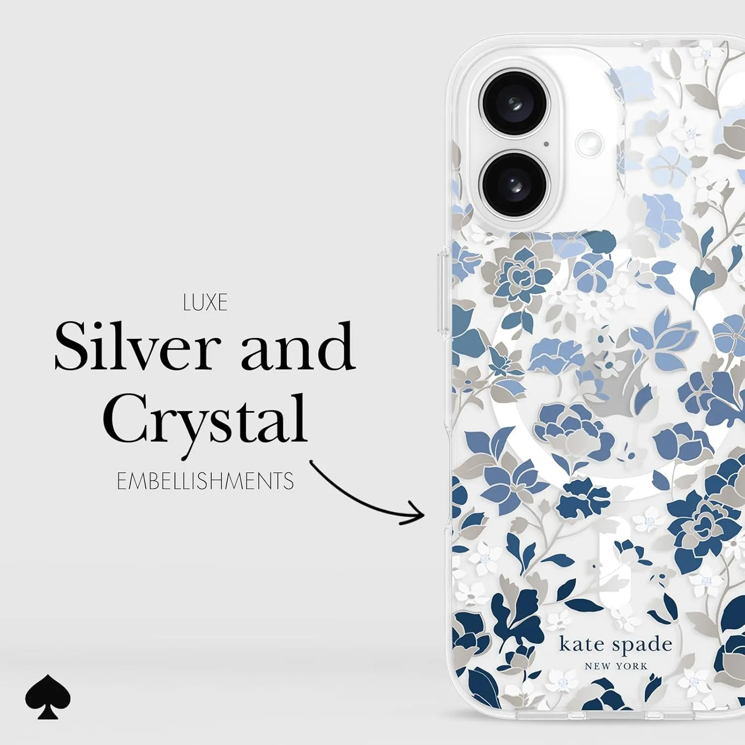 kate spade new york iPhone 16 Case - Compatible with MagSafe - Designer Phone Case - Flowerbed Blue Gems