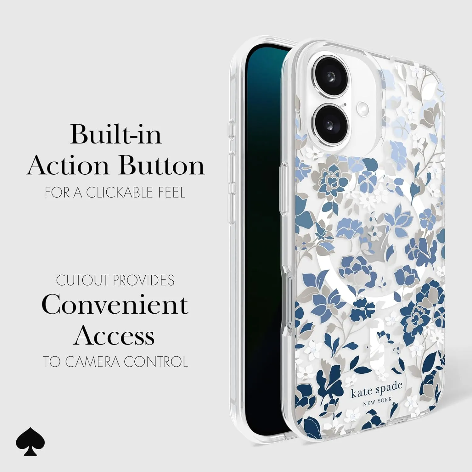 kate spade new york iPhone 16 Case - Compatible with MagSafe - Designer Phone Case - Flowerbed Blue Gems