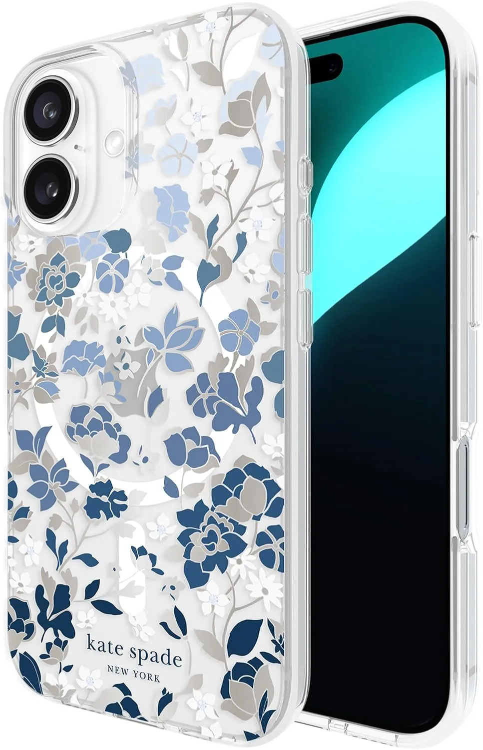 kate spade new york iPhone 16 Case - Compatible with MagSafe - Designer Phone Case - Flowerbed Blue Gems