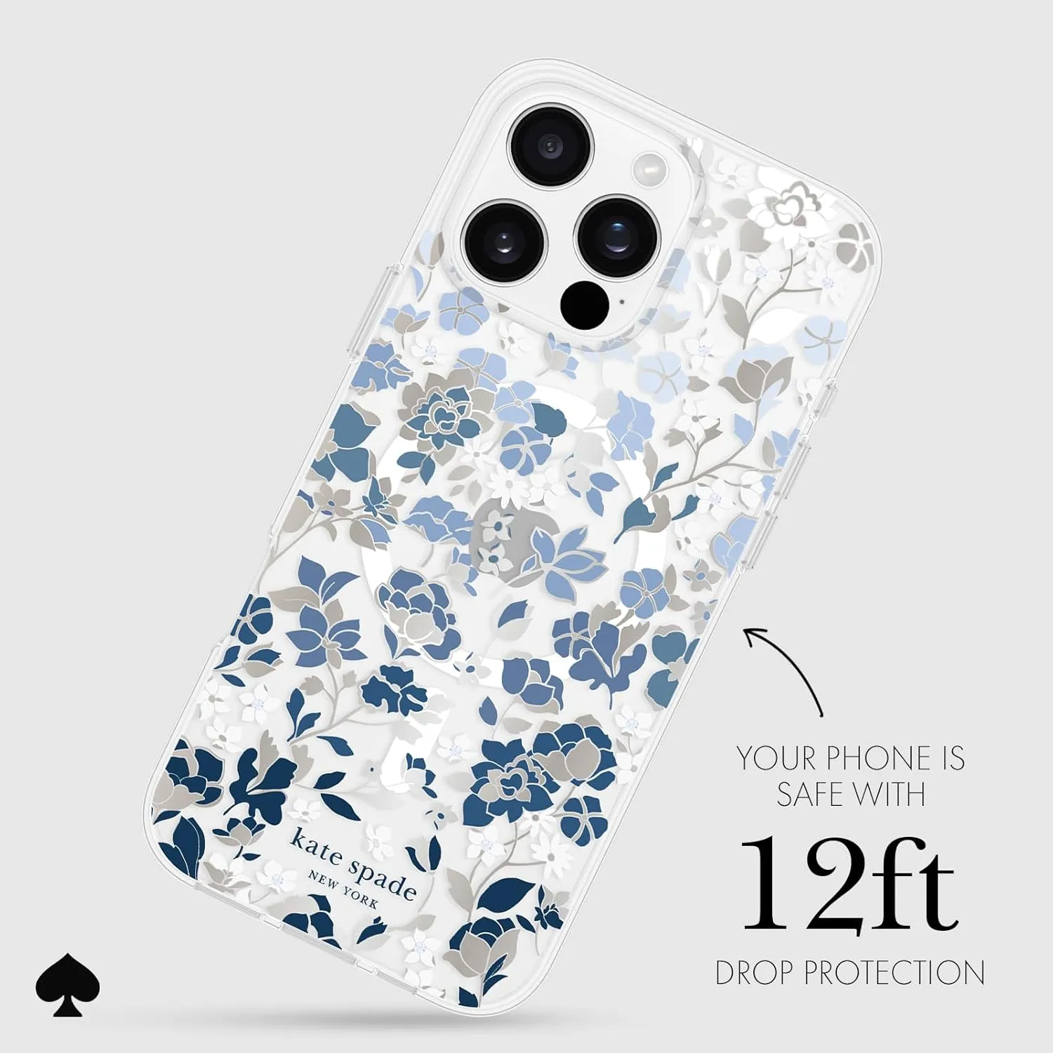 kate spade new york iPhone 16 Pro Max Case - Compatible with MagSafe - Designer Phone Case - Flowerbed Blue Gems