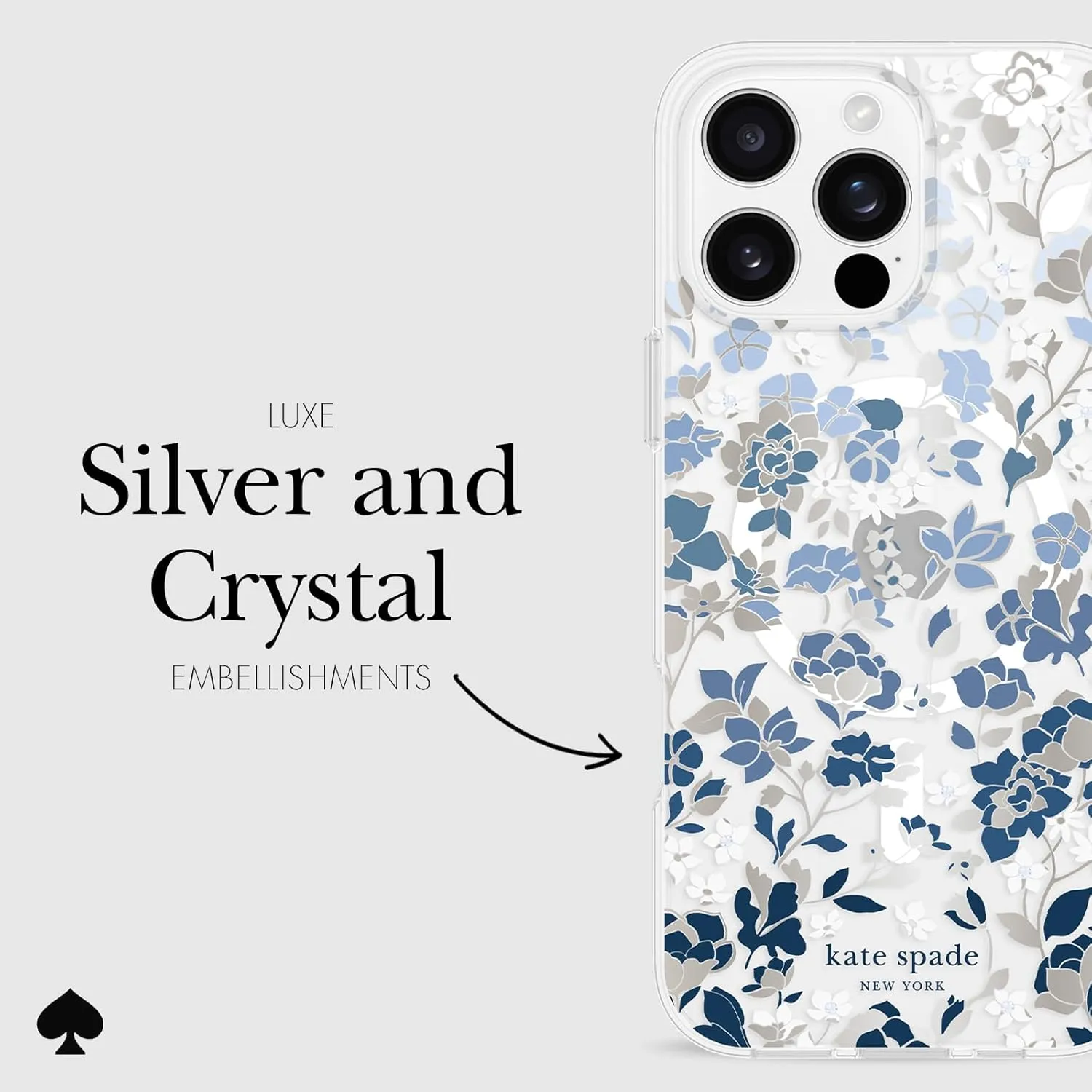 kate spade new york iPhone 16 Pro Max Case - Compatible with MagSafe - Designer Phone Case - Flowerbed Blue Gems