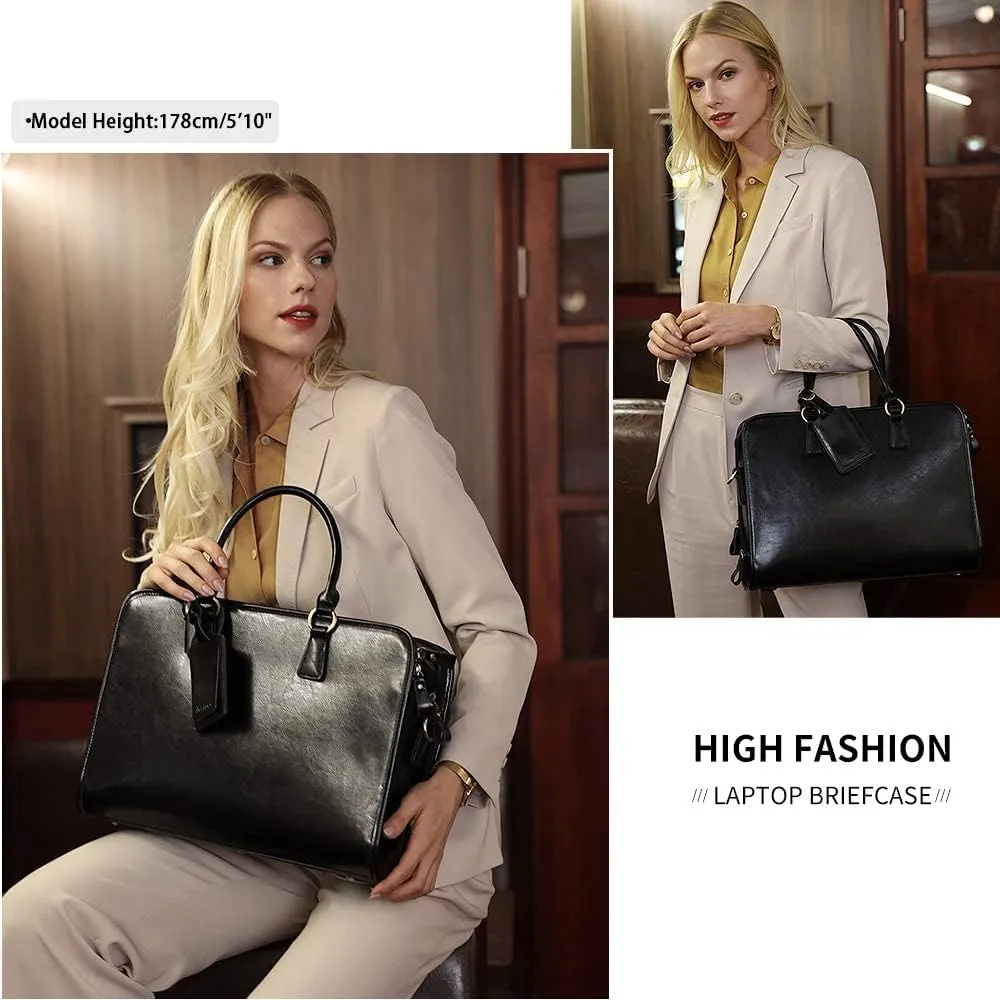 Kattee Genuine Leather Briefcase for Women, Large Capacity Laptop Bag with Luggage Tag