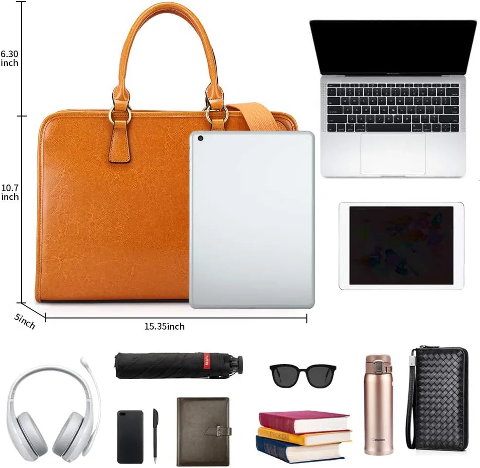 Kattee Genuine Leather Briefcase for Women, Large Capacity Laptop Bag with Luggage Tag