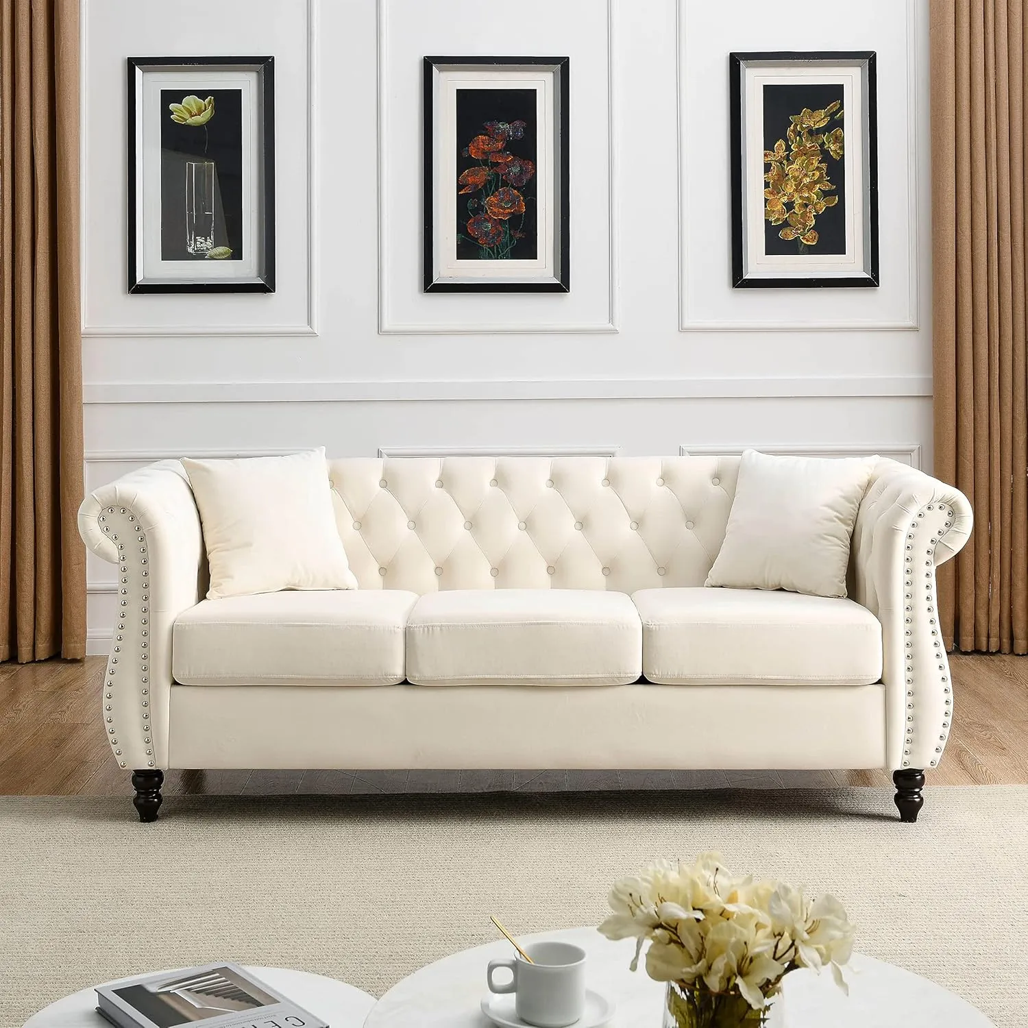 KEIKI Chesterfield Sofa, Retro Style Upholstered 3 Seater Velvet Couch with Rolled Arm for Living Room Bedroom Office Apartment, Beige
