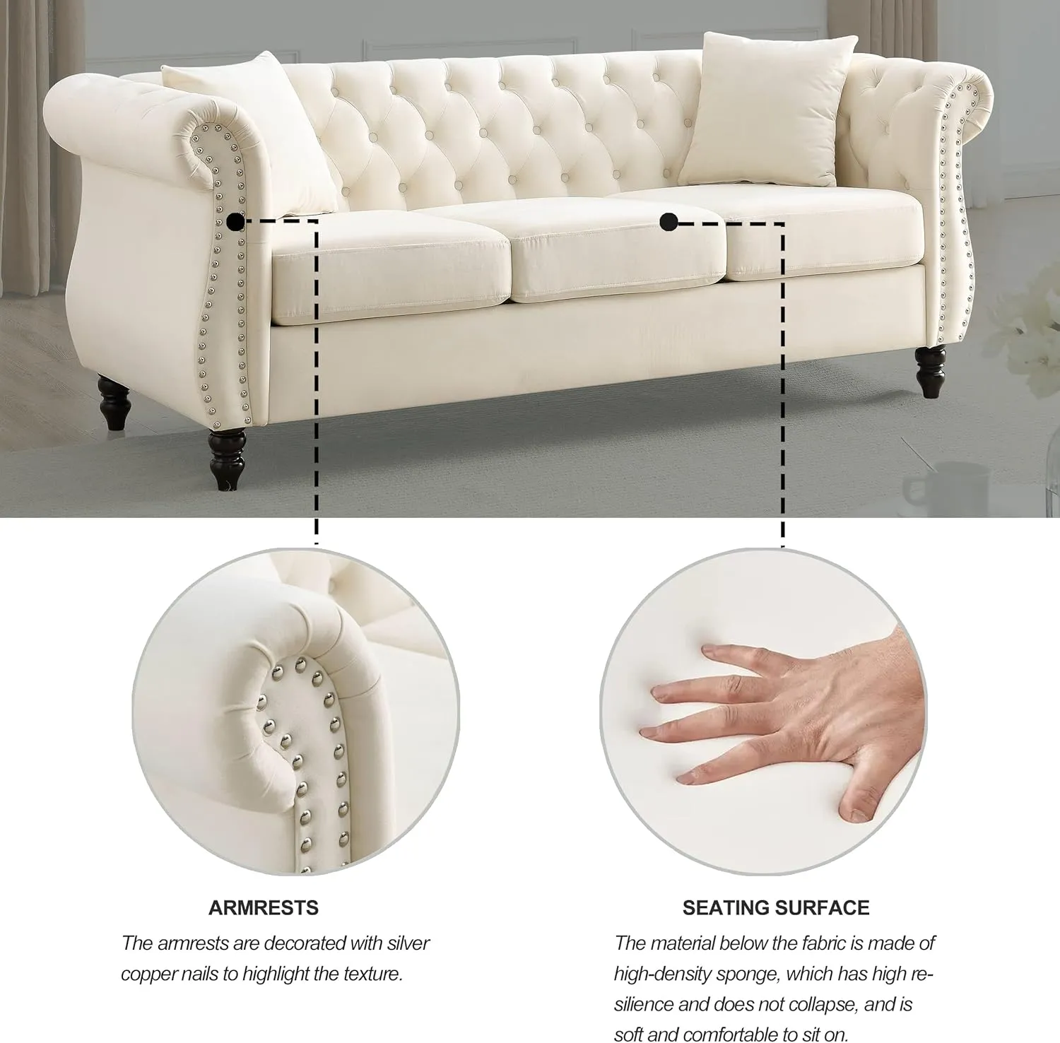 KEIKI Chesterfield Sofa, Retro Style Upholstered 3 Seater Velvet Couch with Rolled Arm for Living Room Bedroom Office Apartment, Beige