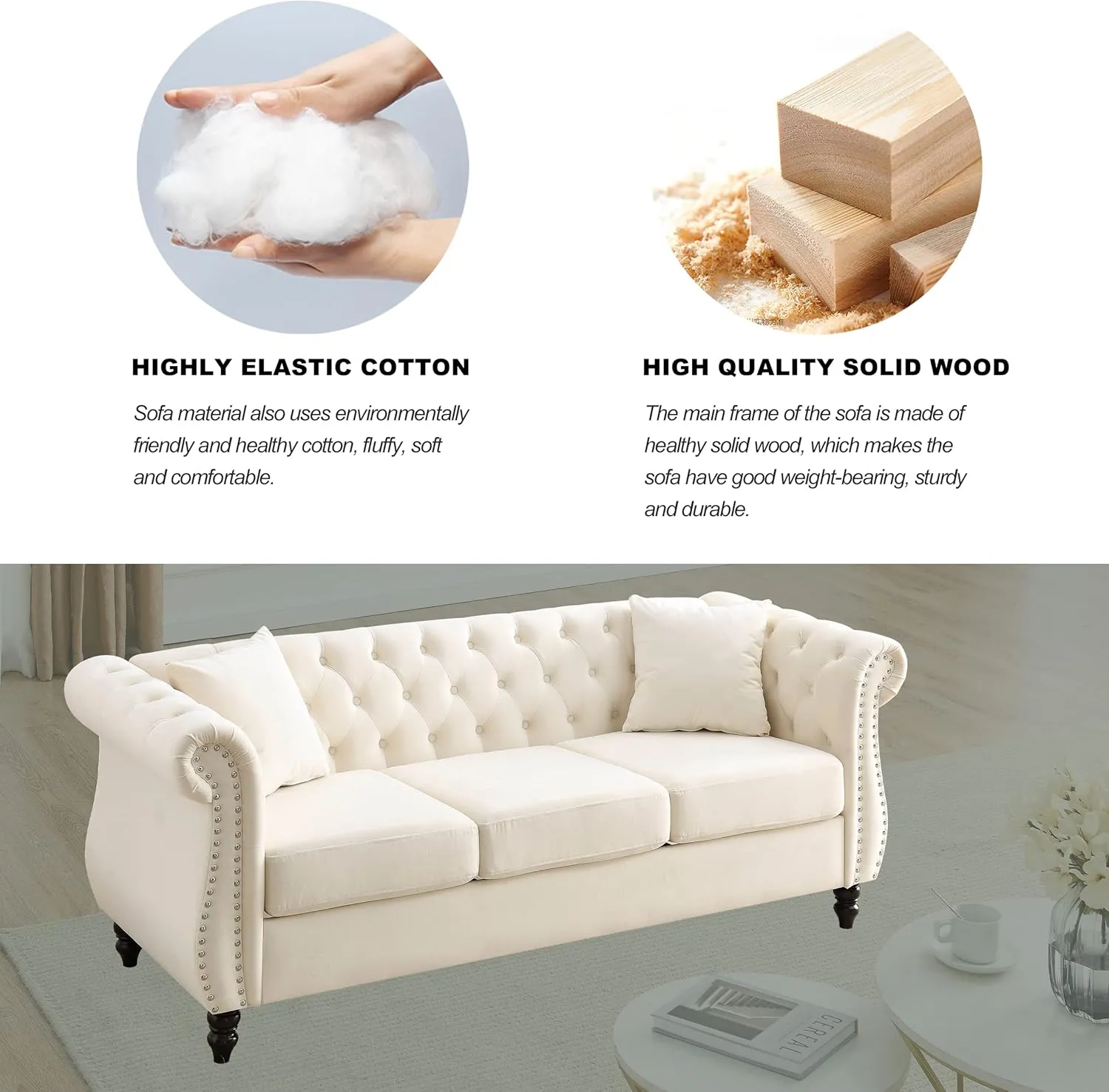 KEIKI Chesterfield Sofa, Retro Style Upholstered 3 Seater Velvet Couch with Rolled Arm for Living Room Bedroom Office Apartment, Beige