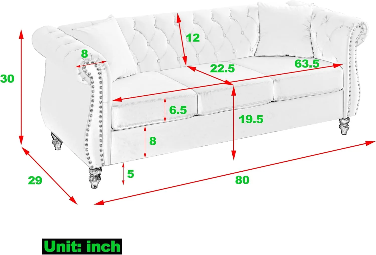 KEIKI Chesterfield Sofa, Retro Style Upholstered 3 Seater Velvet Couch with Rolled Arm for Living Room Bedroom Office Apartment, Beige
