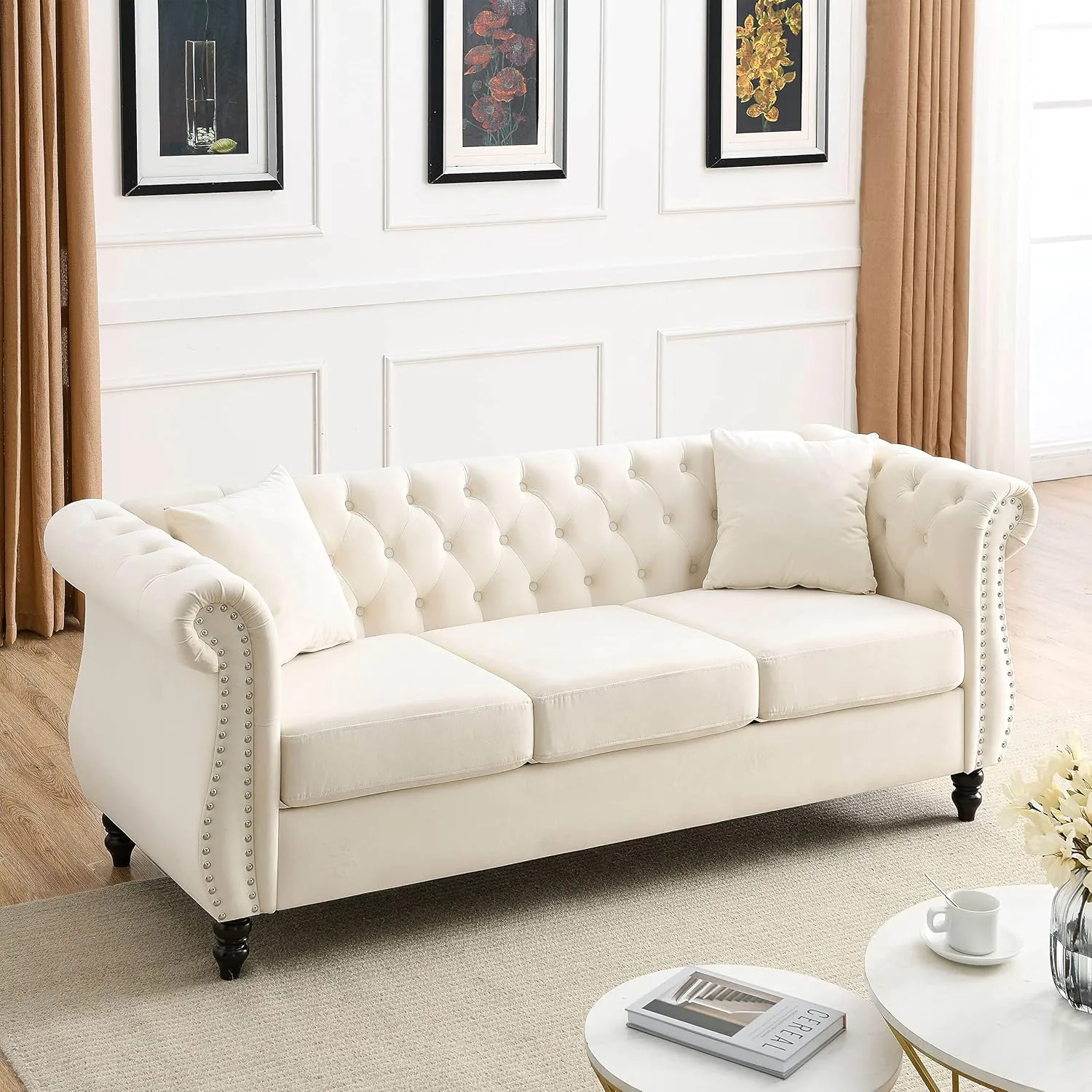 KEIKI Chesterfield Sofa, Retro Style Upholstered 3 Seater Velvet Couch with Rolled Arm for Living Room Bedroom Office Apartment, Beige