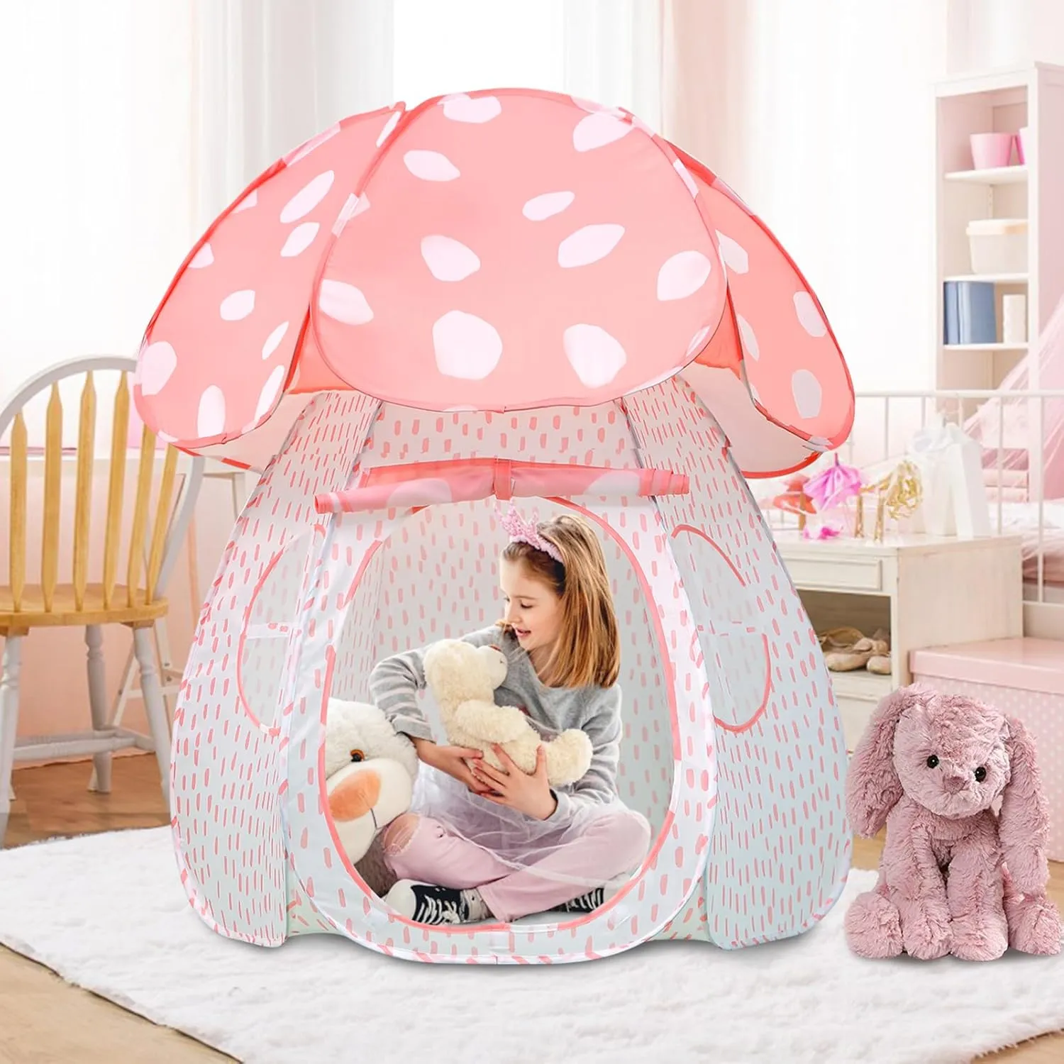 Kid Play Tent Pop Up Tent Indoor Outdoor Large Space Playhouse for Boys and Girls Foldable Unique Mushroom Tent Patented (43in*57in, Pink Mushroom)