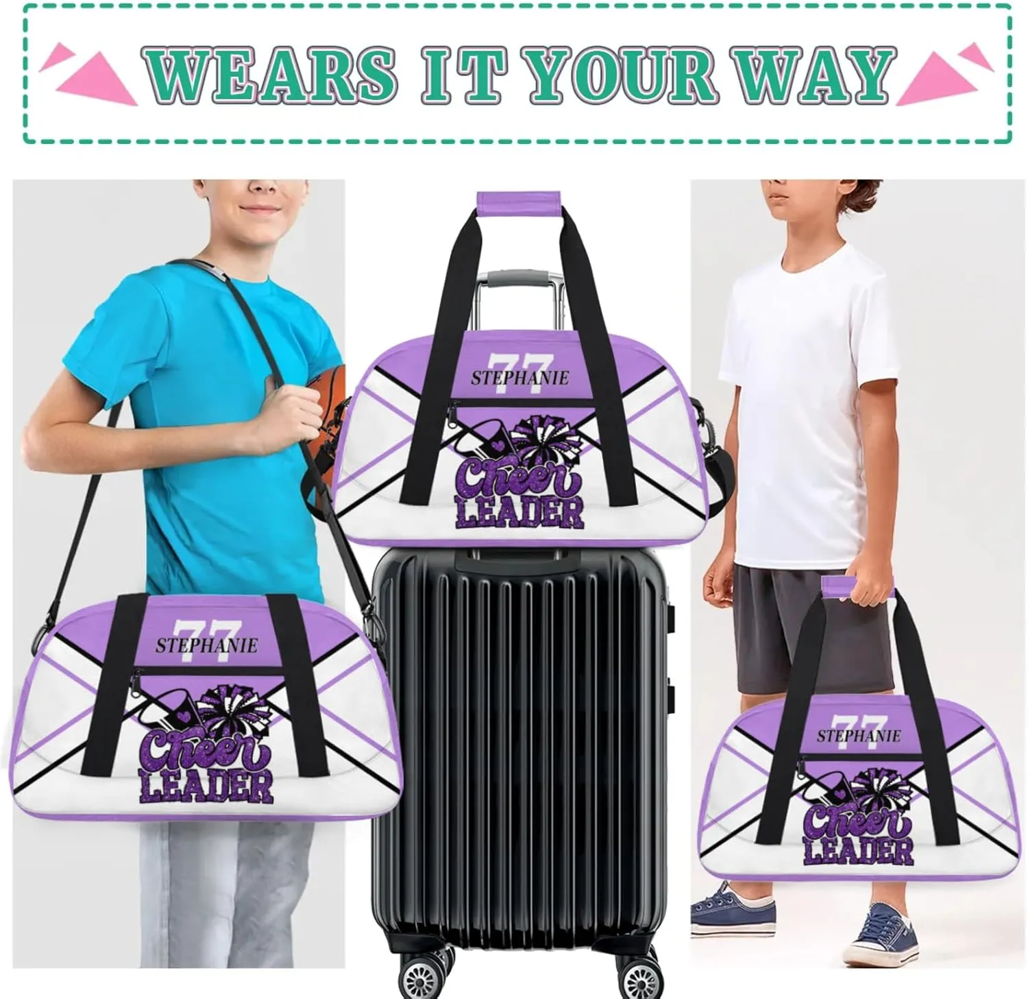 Kids Duffle Bag Personalized Gym Bag Overnight Bags, Ideal for Travel and Sports, Suitable for Men Women for Gym, Dance, Yoga, Durable Waterproof Sport Overnight Handbags Cheerleader Purple