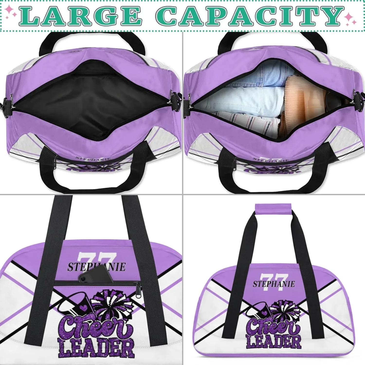 Kids Duffle Bag Personalized Gym Bag Overnight Bags, Ideal for Travel and Sports, Suitable for Men Women for Gym, Dance, Yoga, Durable Waterproof Sport Overnight Handbags Cheerleader Purple