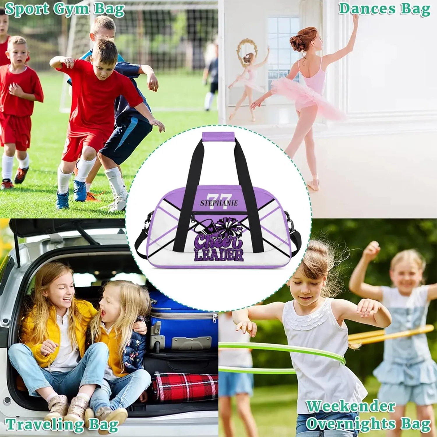 Kids Duffle Bag Personalized Gym Bag Overnight Bags, Ideal for Travel and Sports, Suitable for Men Women for Gym, Dance, Yoga, Durable Waterproof Sport Overnight Handbags Cheerleader Purple