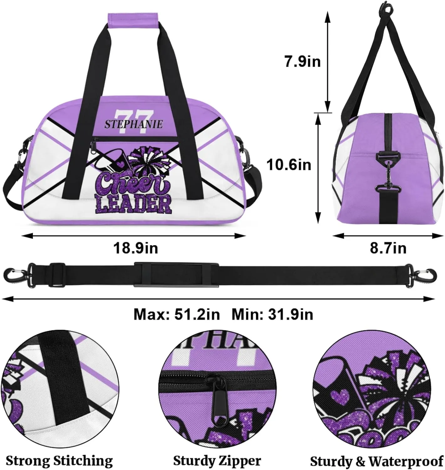Kids Duffle Bag Personalized Gym Bag Overnight Bags, Ideal for Travel and Sports, Suitable for Men Women for Gym, Dance, Yoga, Durable Waterproof Sport Overnight Handbags Cheerleader Purple