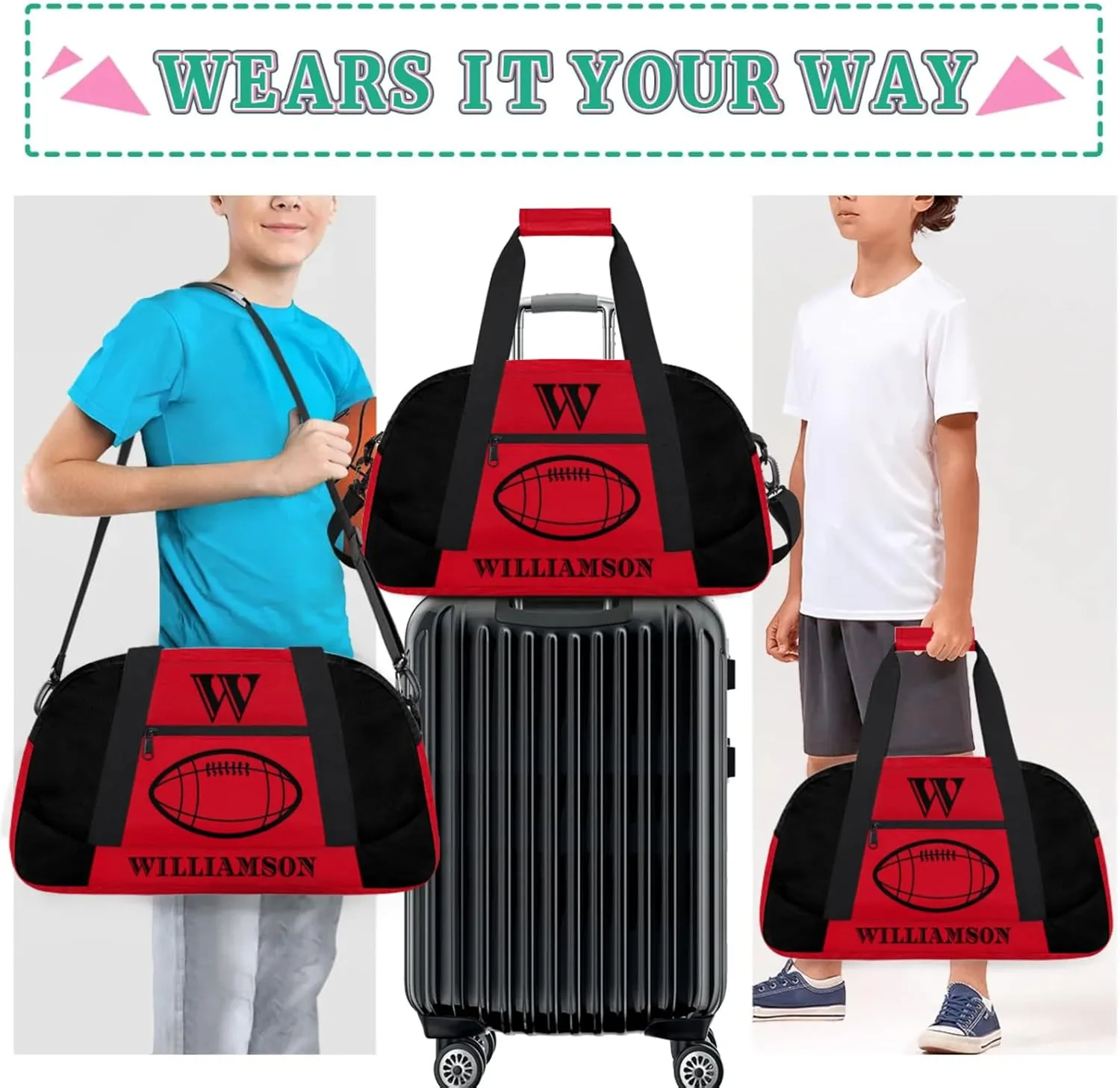 Kids Duffle Bag Personalized Gym Bag Overnight Bags, Ideal for Travel and Sports, Suitable for Men Women for Gym, Dance, Yoga, Durable Waterproof Sport Overnight Handbags Rugby Red
