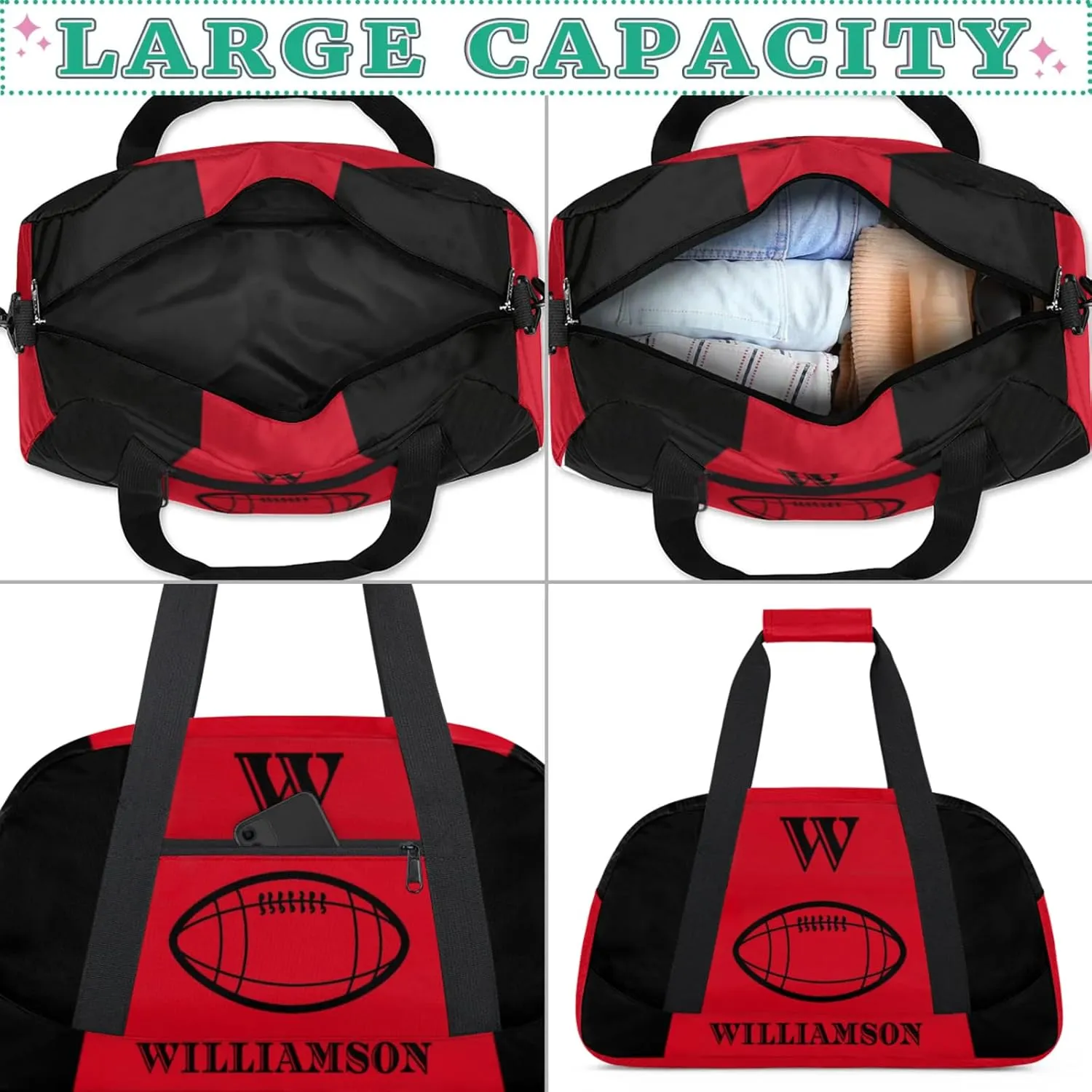 Kids Duffle Bag Personalized Gym Bag Overnight Bags, Ideal for Travel and Sports, Suitable for Men Women for Gym, Dance, Yoga, Durable Waterproof Sport Overnight Handbags Rugby Red