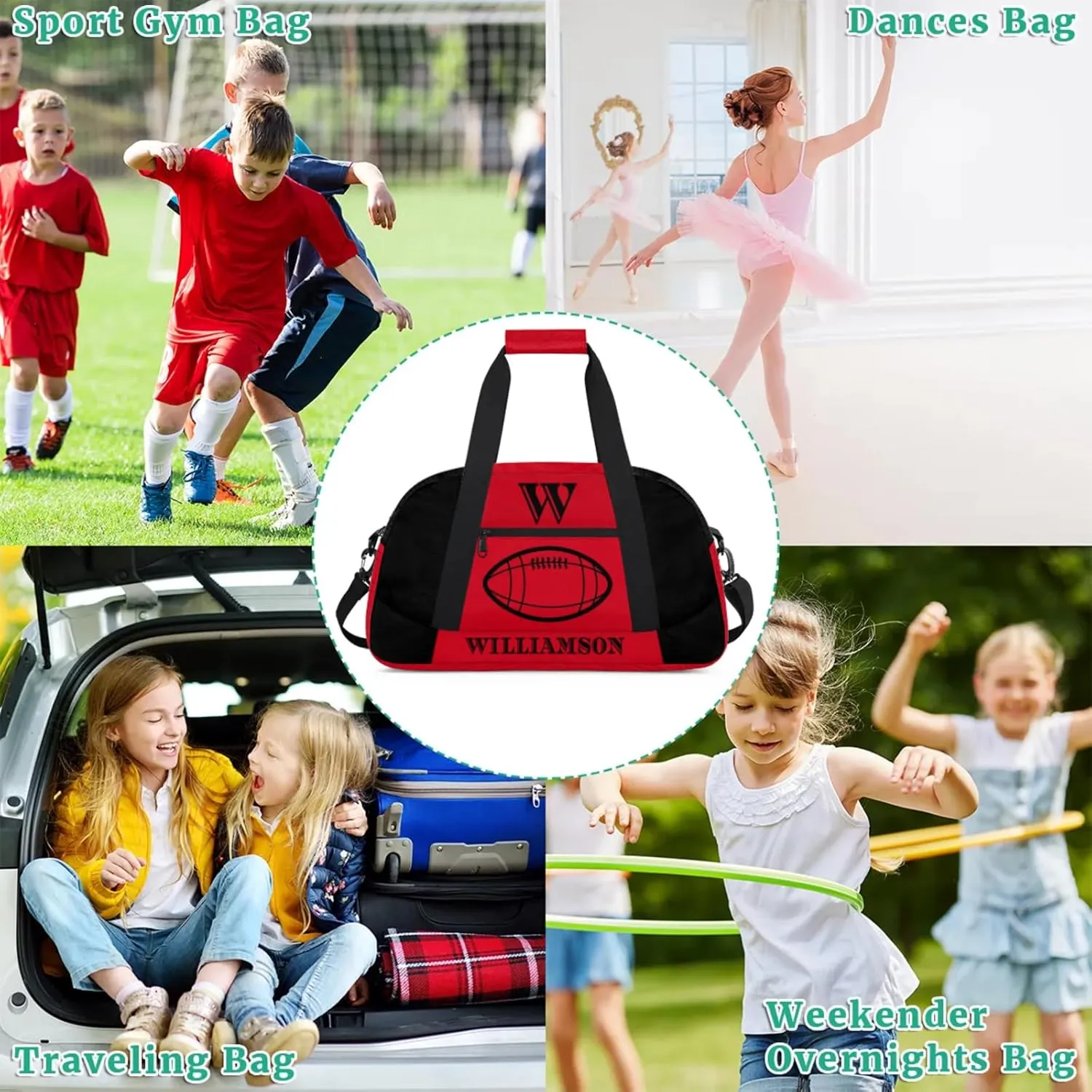 Kids Duffle Bag Personalized Gym Bag Overnight Bags, Ideal for Travel and Sports, Suitable for Men Women for Gym, Dance, Yoga, Durable Waterproof Sport Overnight Handbags Rugby Red