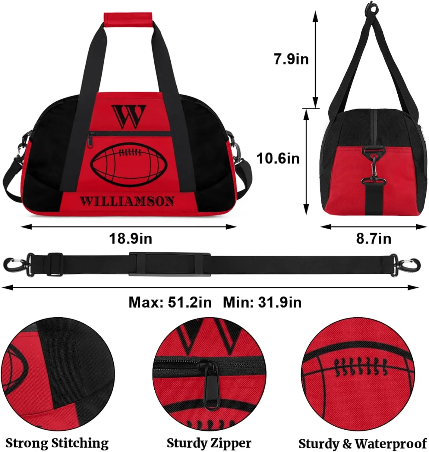Kids Duffle Bag Personalized Gym Bag Overnight Bags, Ideal for Travel and Sports, Suitable for Men Women for Gym, Dance, Yoga, Durable Waterproof Sport Overnight Handbags Rugby Red