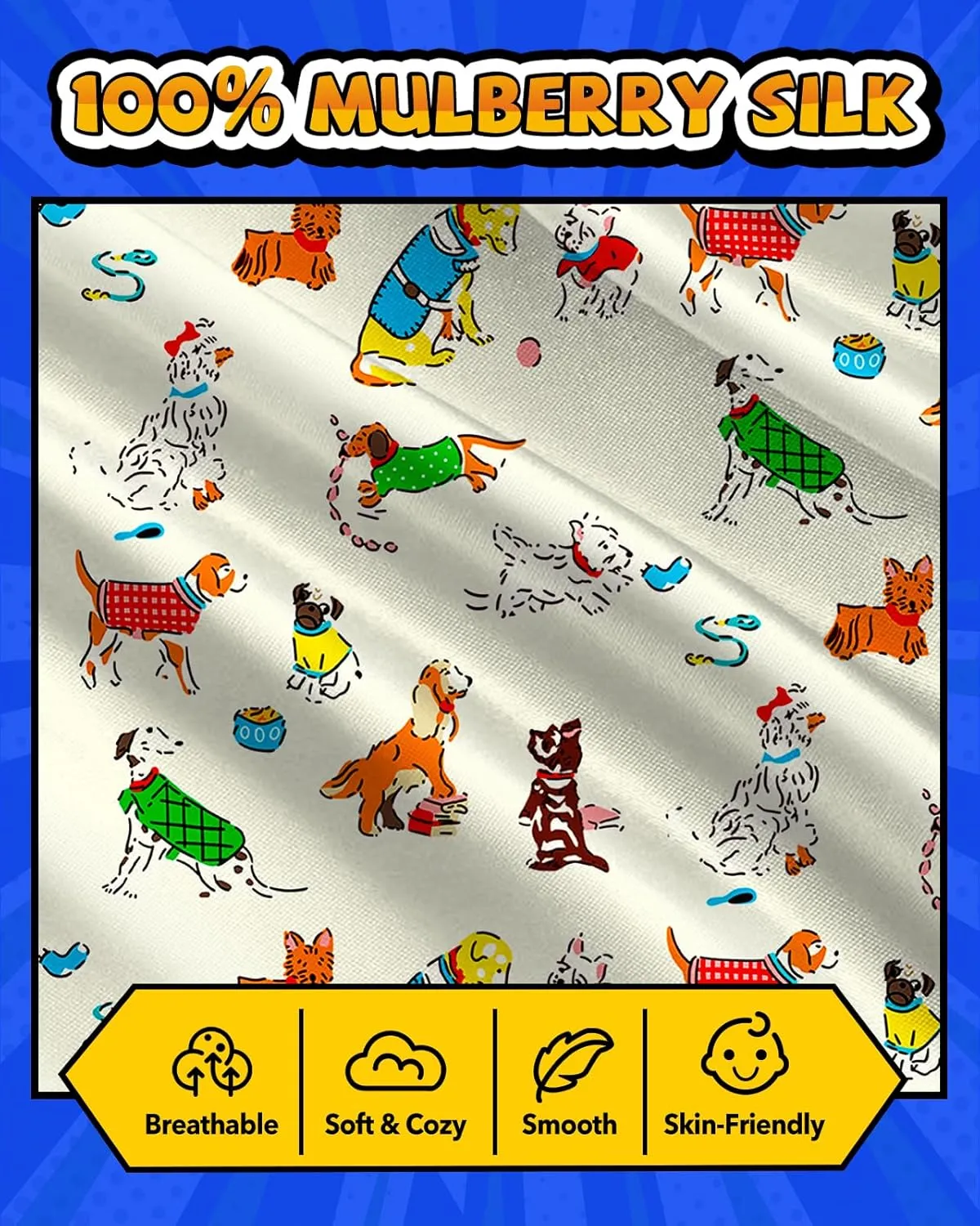Kids Mulberry Silk Pillowcase - 30"x20" Queen Size, Cute Cartoon Kawaii Fun Pillowcase for Teens Boys Girls, Puppy Design