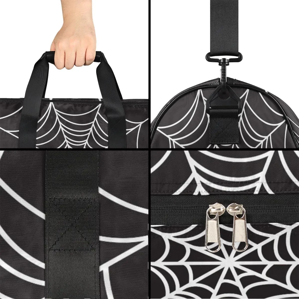 Kids Overnighter Duffel Bags for Boys Girls, Black Spider Web Carry-On Size Sports Gym Bag with Shoe Compartments for School Practice or Overnight Travel Weekender Sleepover Tote Bag