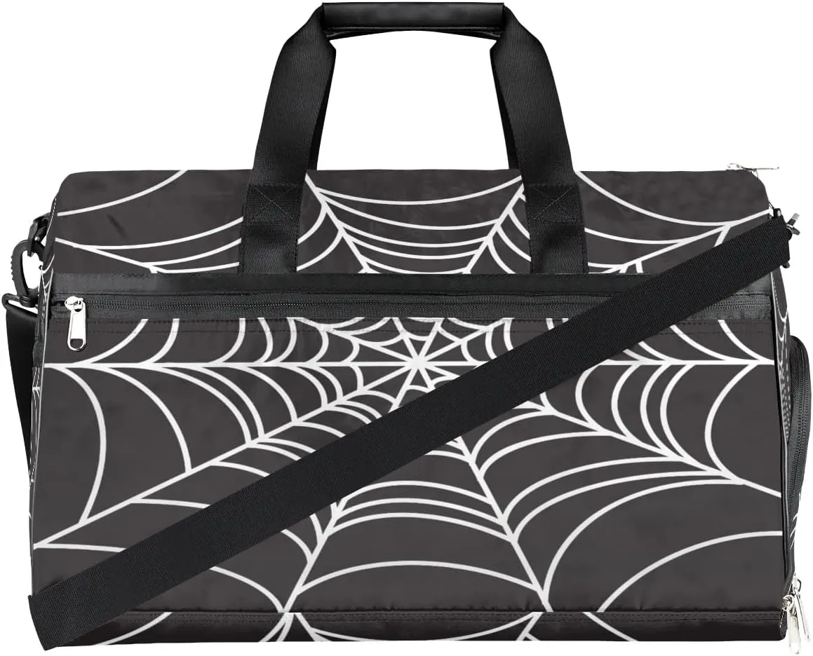 Kids Overnighter Duffel Bags for Boys Girls, Black Spider Web Carry-On Size Sports Gym Bag with Shoe Compartments for School Practice or Overnight Travel Weekender Sleepover Tote Bag