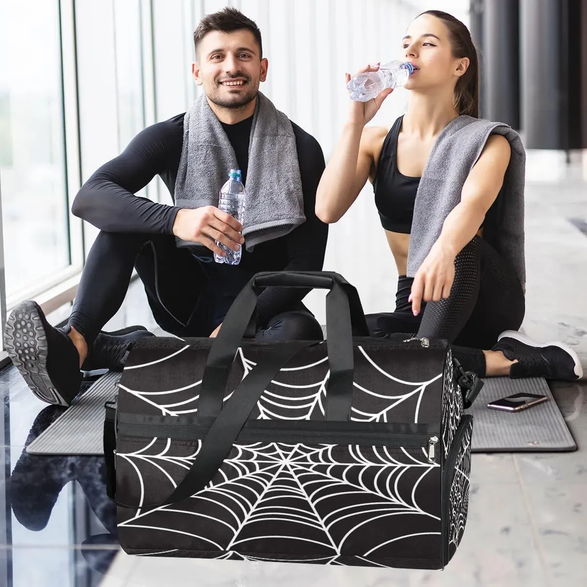 Kids Overnighter Duffel Bags for Boys Girls, Black Spider Web Carry-On Size Sports Gym Bag with Shoe Compartments for School Practice or Overnight Travel Weekender Sleepover Tote Bag