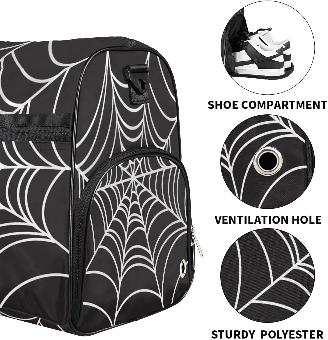 Kids Overnighter Duffel Bags for Boys Girls, Black Spider Web Carry-On Size Sports Gym Bag with Shoe Compartments for School Practice or Overnight Travel Weekender Sleepover Tote Bag