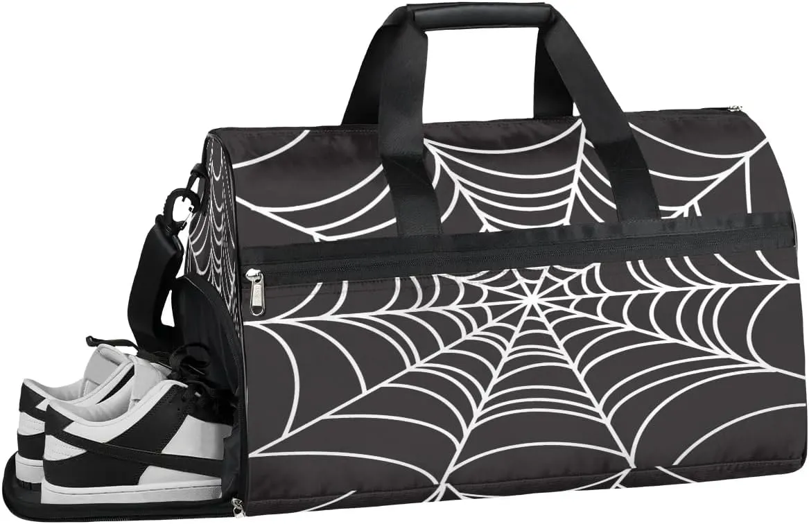 Kids Overnighter Duffel Bags for Boys Girls, Black Spider Web Carry-On Size Sports Gym Bag with Shoe Compartments for School Practice or Overnight Travel Weekender Sleepover Tote Bag