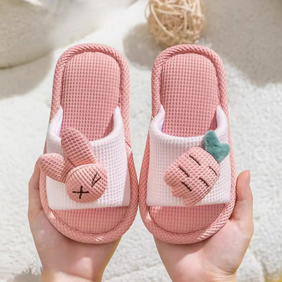 Kids Summer Linen Slippers, Toddler Girls' Boys' Cute Indoor Slip-Ons Carrot Rabbit House Shoes for Spring Autumn