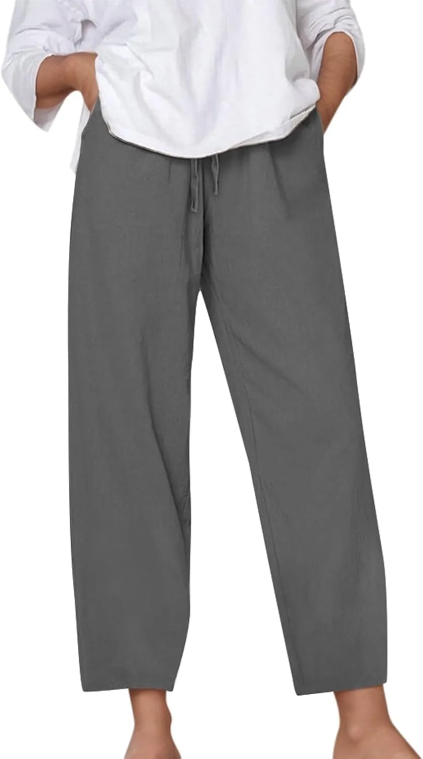 Kingspinner Linen Pants Women, Womens Capri Pants Casual Summer Elastic Waisted Plus Size Baggy Ladies Boho Trousers Vacation