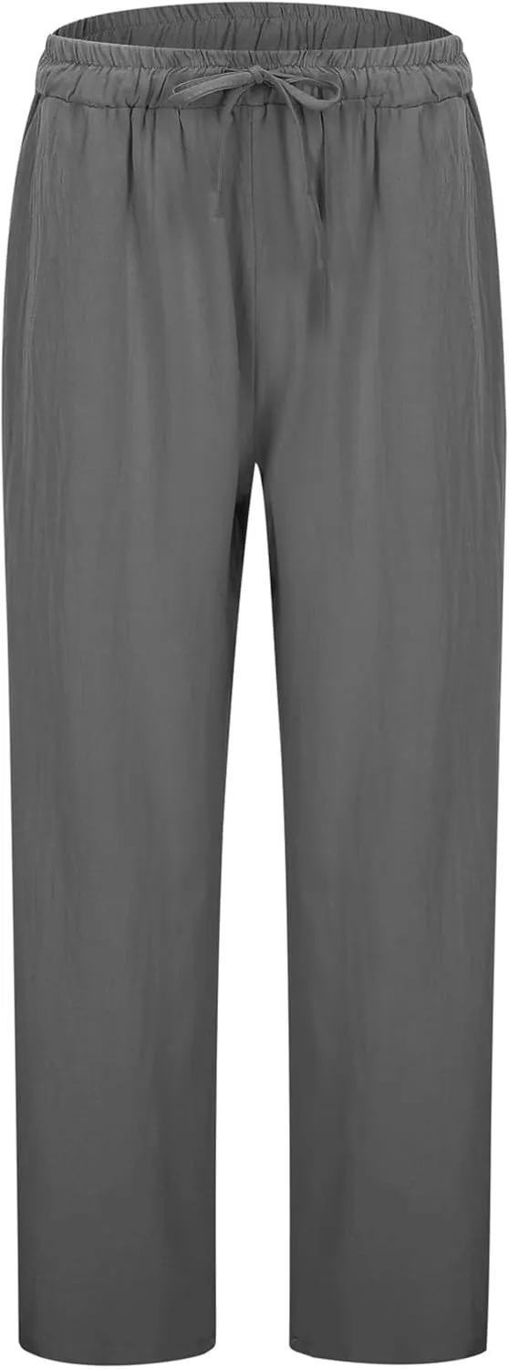 Kingspinner Linen Pants Women, Womens Capri Pants Casual Summer Elastic Waisted Plus Size Baggy Ladies Boho Trousers Vacation