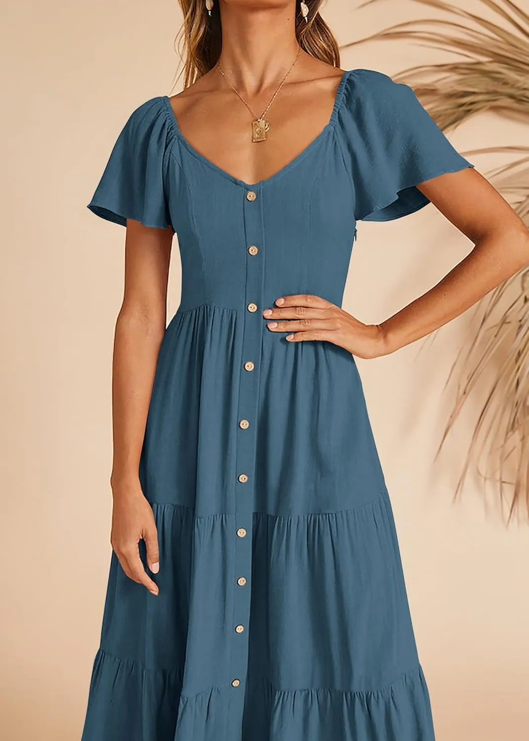KIRUNDO Women 2025 Spring Summer Casual Linen Short Sleeve Midi Dress Button V Neck Tiered Vacation Sundress with Pockets