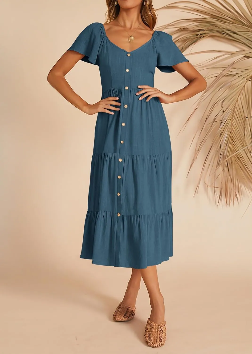 KIRUNDO Women 2025 Spring Summer Casual Linen Short Sleeve Midi Dress Button V Neck Tiered Vacation Sundress with Pockets