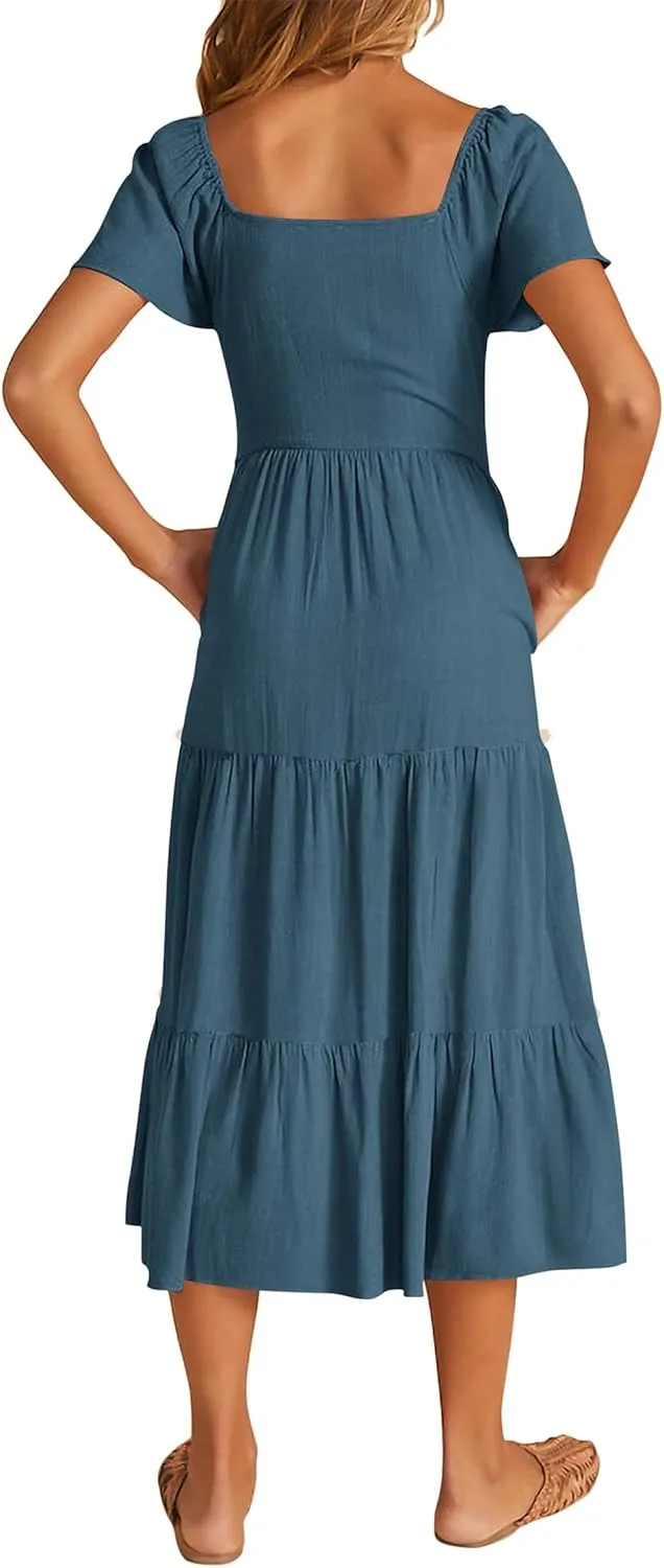KIRUNDO Women 2025 Spring Summer Casual Linen Short Sleeve Midi Dress Button V Neck Tiered Vacation Sundress with Pockets
