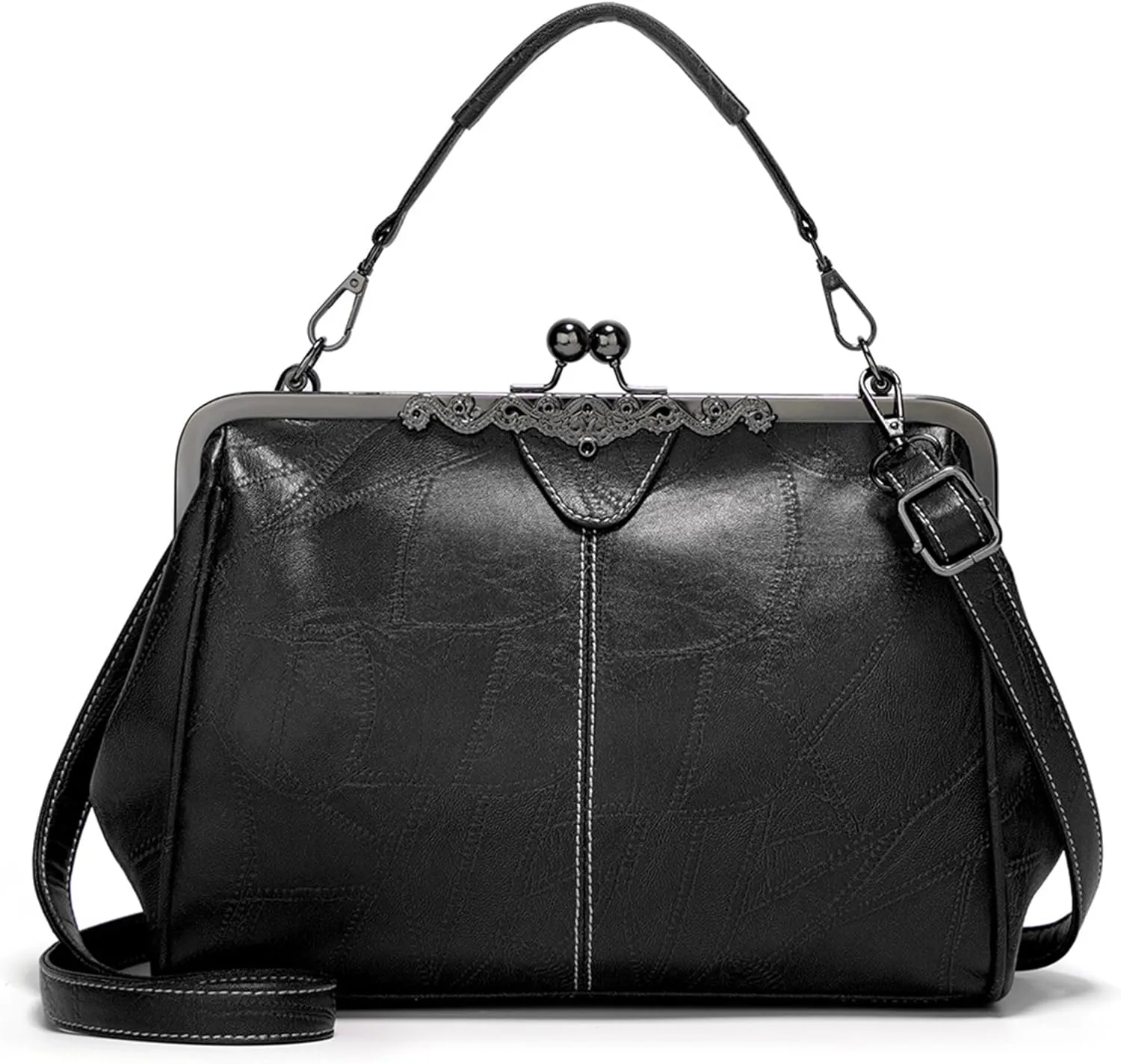 Kiss Lock Purses Vintage Hollow PU Leather Handbag Clutch Satchel Kisslock Crossbody Bag For Women