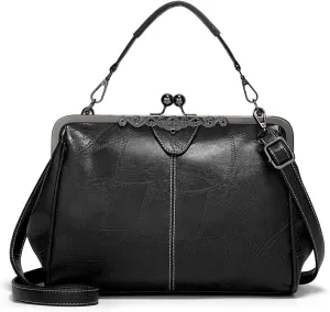 Kiss Lock Purses Vintage Hollow PU Leather Handbag Clutch Satchel Kisslock Crossbody Bag For Women