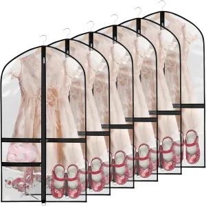 Kntiwiwo Clear Garment Bags for Dance Costumes, 40” Dance Garment Bags for Dancers, Kids Garment Bag for Dance Competitions with 3 Zipper Pockets, Garment Bags for Hanging Clothes, 6 Pack, Black