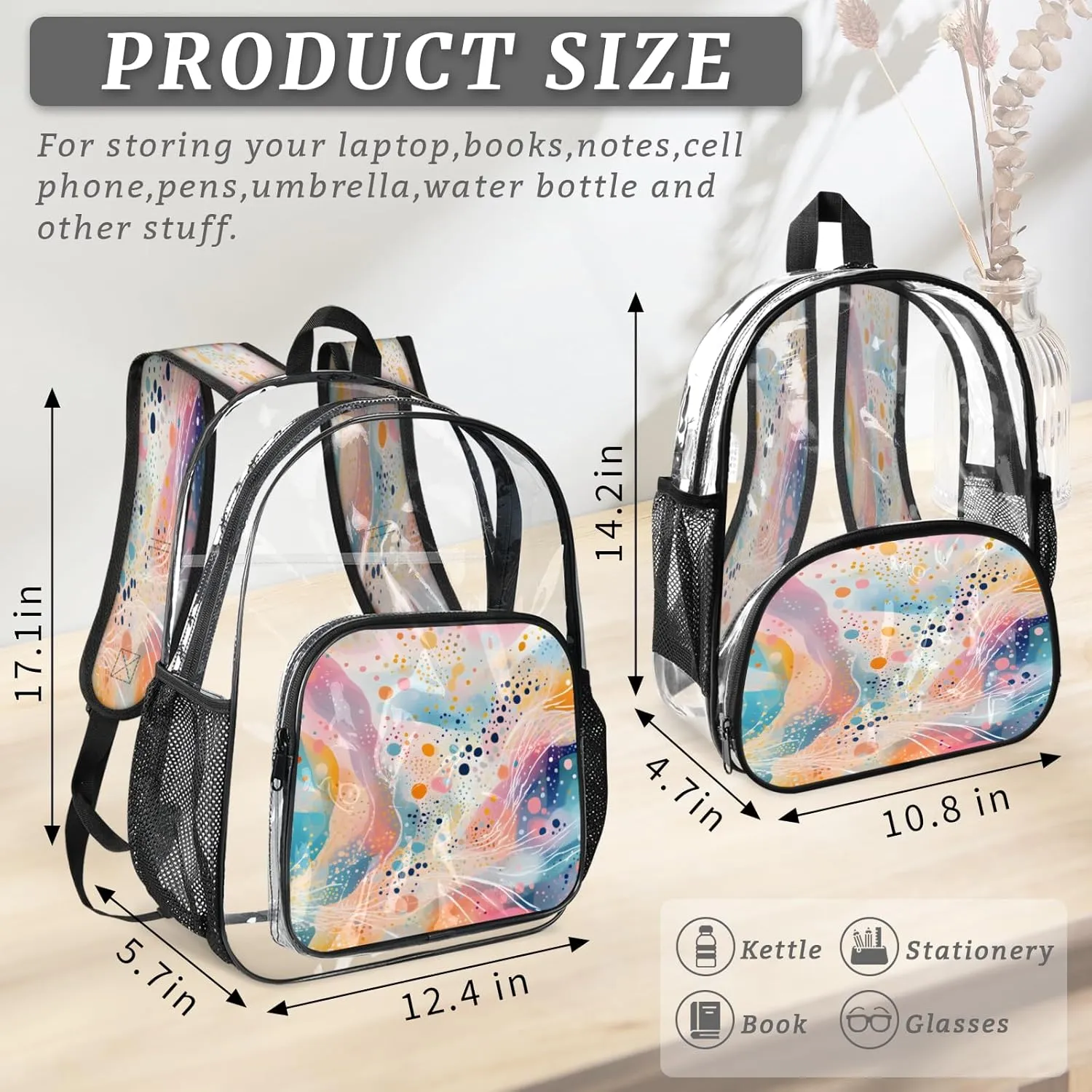 KOBLEN Colorful Flow Art 14.2 Inch Clear Backpack, Heavy Duty Transparent PVC Daypack with Adjustable Padded Straps, Large Capacity Clear Bag for Festival, Concerts, Travel