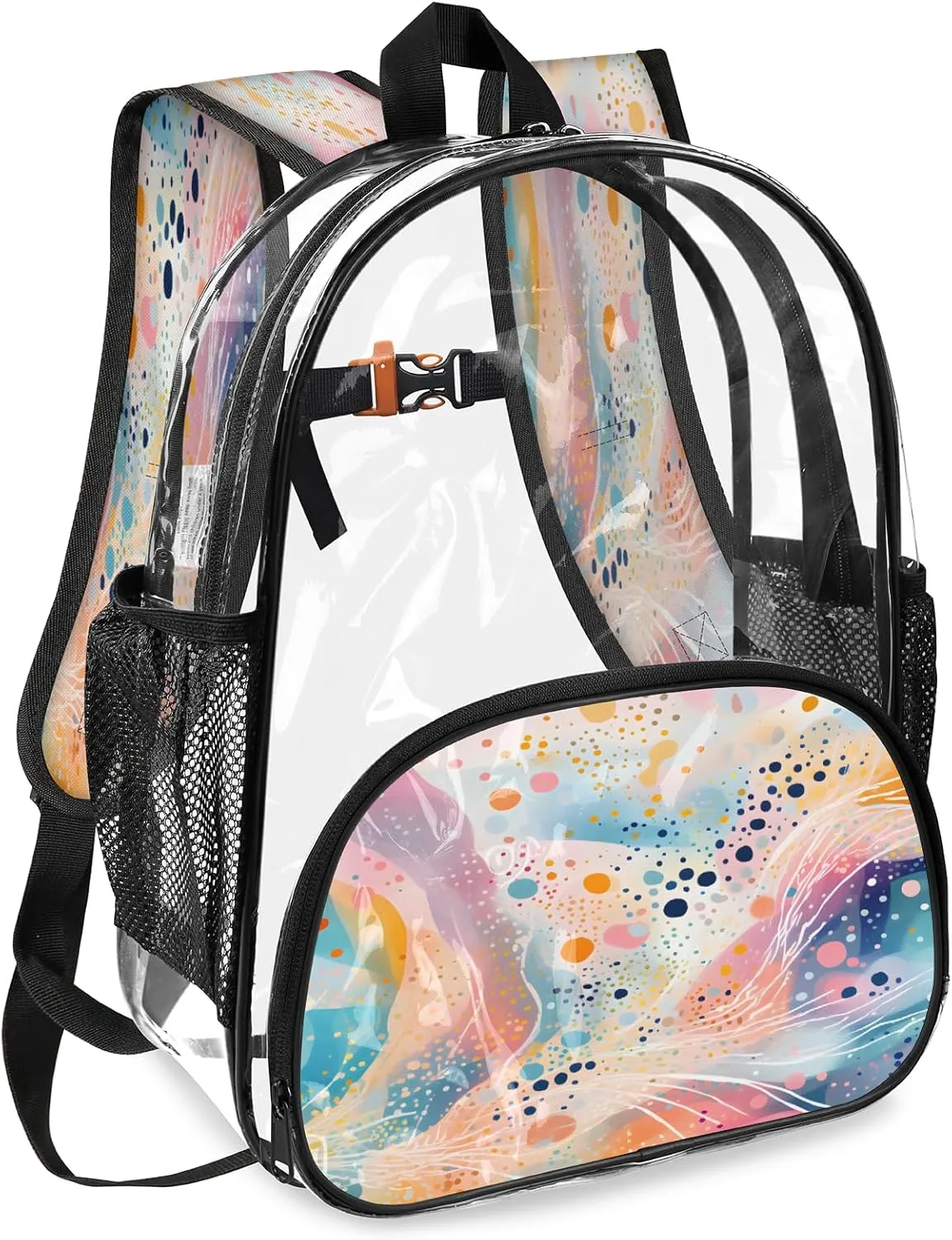 KOBLEN Colorful Flow Art 14.2 Inch Clear Backpack, Heavy Duty Transparent PVC Daypack with Adjustable Padded Straps, Large Capacity Clear Bag for Festival, Concerts, Travel