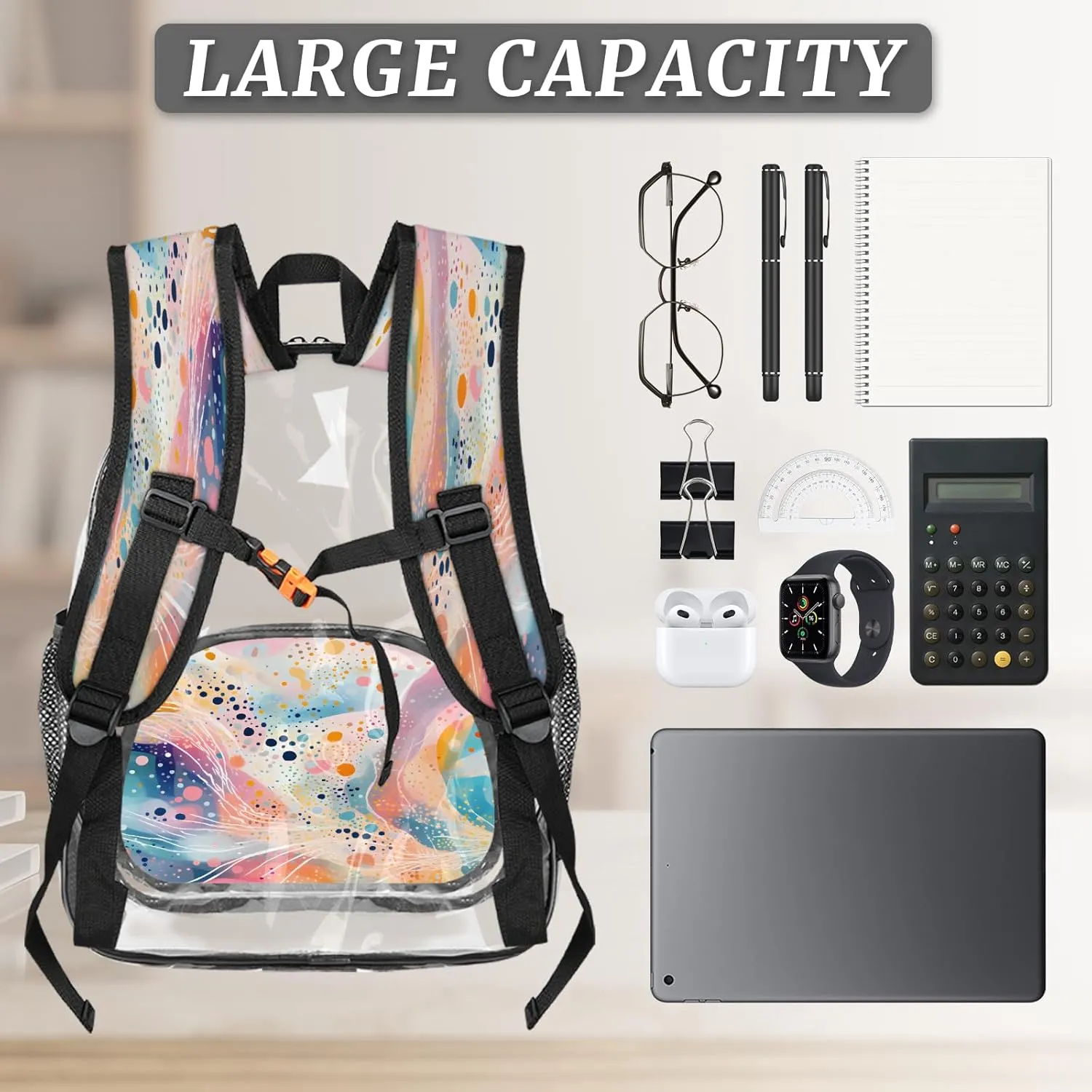 KOBLEN Colorful Flow Art 14.2 Inch Clear Backpack, Heavy Duty Transparent PVC Daypack with Adjustable Padded Straps, Large Capacity Clear Bag for Festival, Concerts, Travel