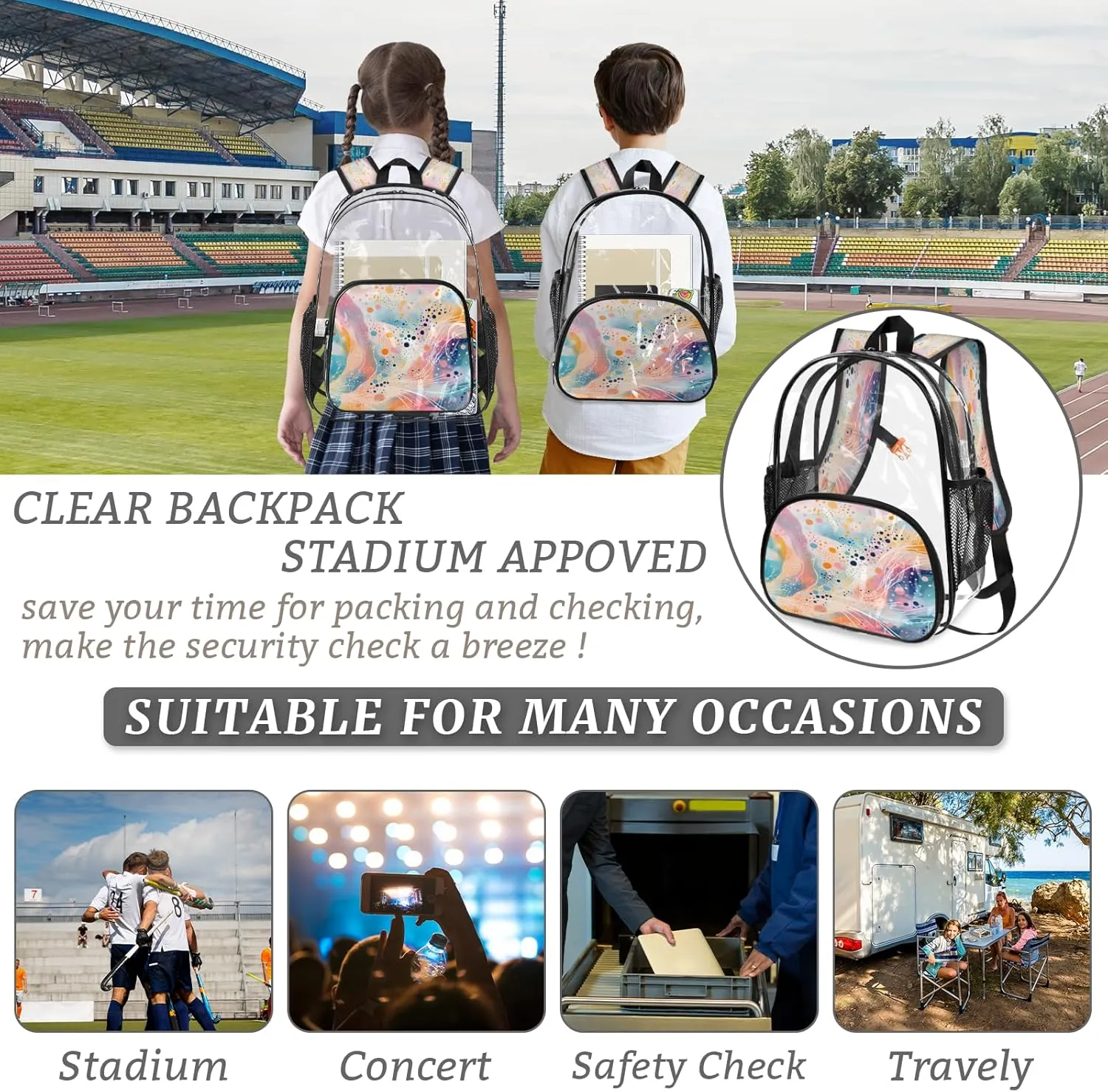 KOBLEN Colorful Flow Art 14.2 Inch Clear Backpack, Heavy Duty Transparent PVC Daypack with Adjustable Padded Straps, Large Capacity Clear Bag for Festival, Concerts, Travel