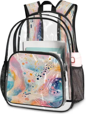 KOBLEN Colorful Flow Art 14.2 Inch Clear Backpack, Heavy Duty Transparent PVC Daypack with Adjustable Padded Straps, Large Capacity Clear Bag for Festival, Concerts, Travel