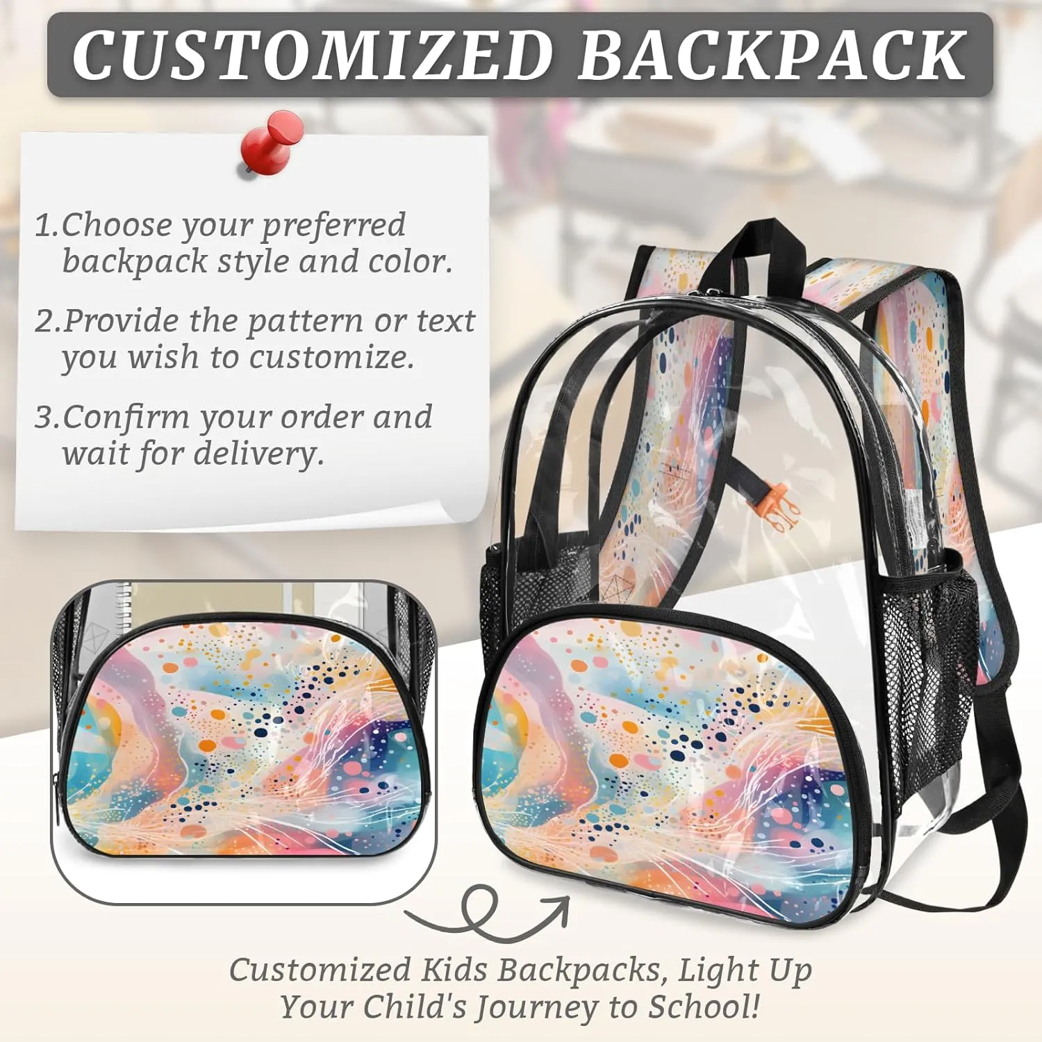 KOBLEN Colorful Flow Art 14.2 Inch Clear Backpack, Heavy Duty Transparent PVC Daypack with Adjustable Padded Straps, Large Capacity Clear Bag for Festival, Concerts, Travel