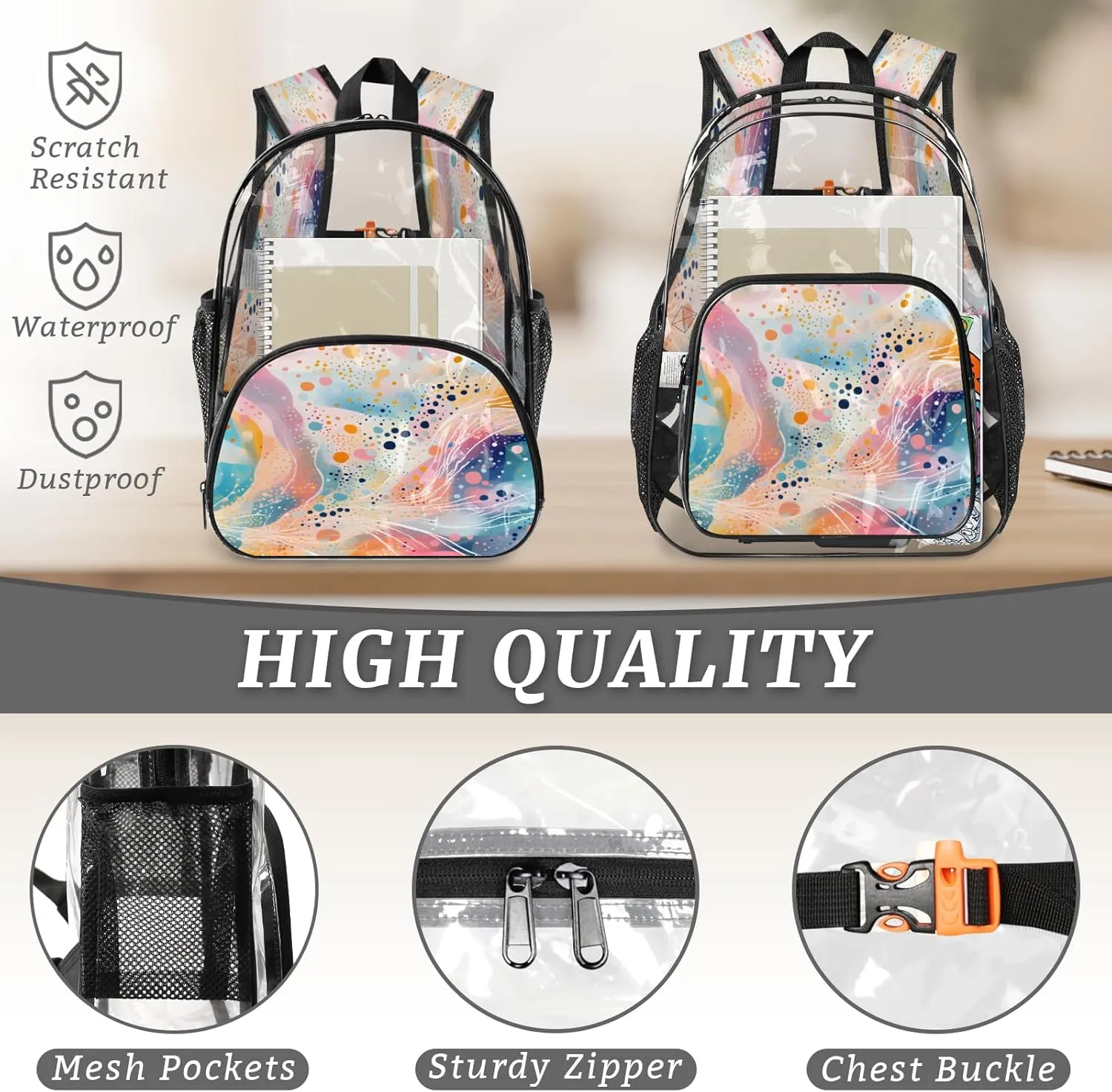 KOBLEN Colorful Flow Art 14.2 Inch Clear Backpack, Heavy Duty Transparent PVC Daypack with Adjustable Padded Straps, Large Capacity Clear Bag for Festival, Concerts, Travel
